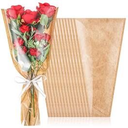 DORLUKFU - 30 Packs Flower Bags for Bouquets Kraft Floral Wrapping Paper 16.5 x 9.5 x3.5 inch Floral Packing Bouquet Sleeves for - brown, clear