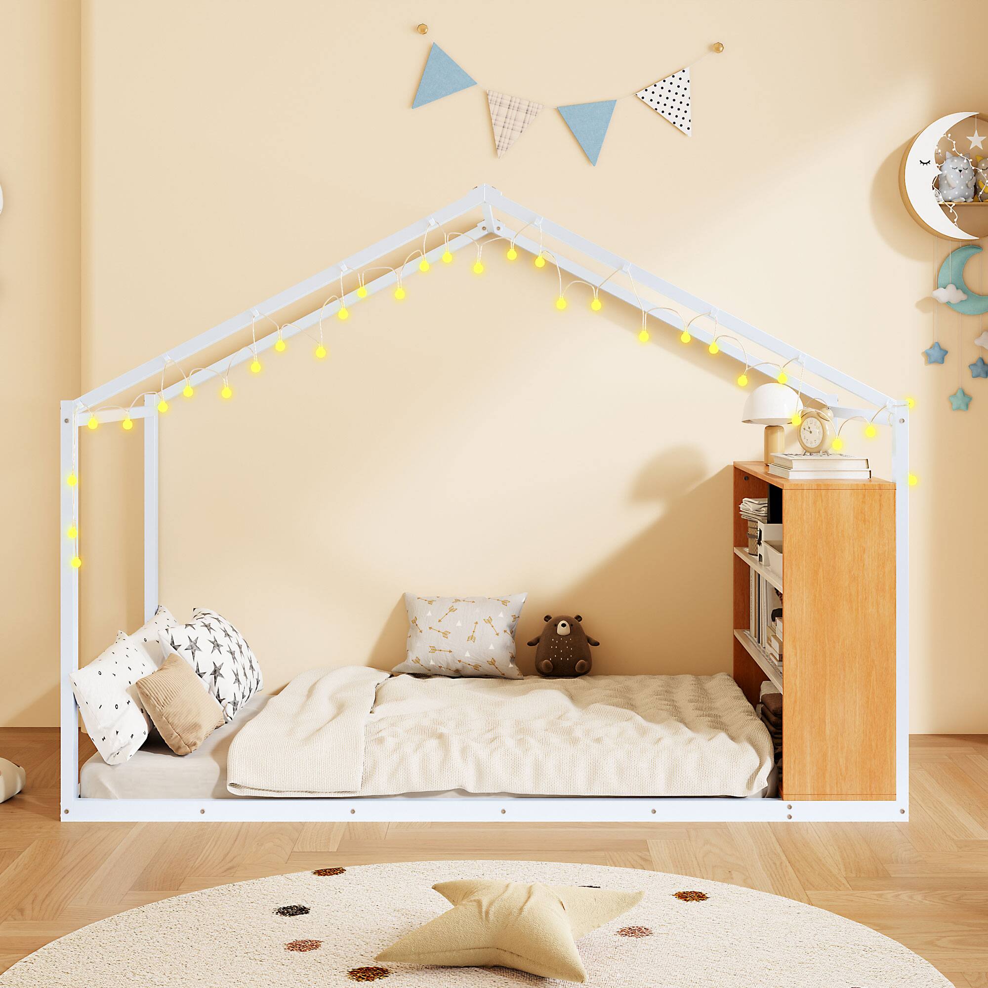 Left. GOODSILO - Twin Size Metal Bed House Bed Frame with Shelves and Lights - White.