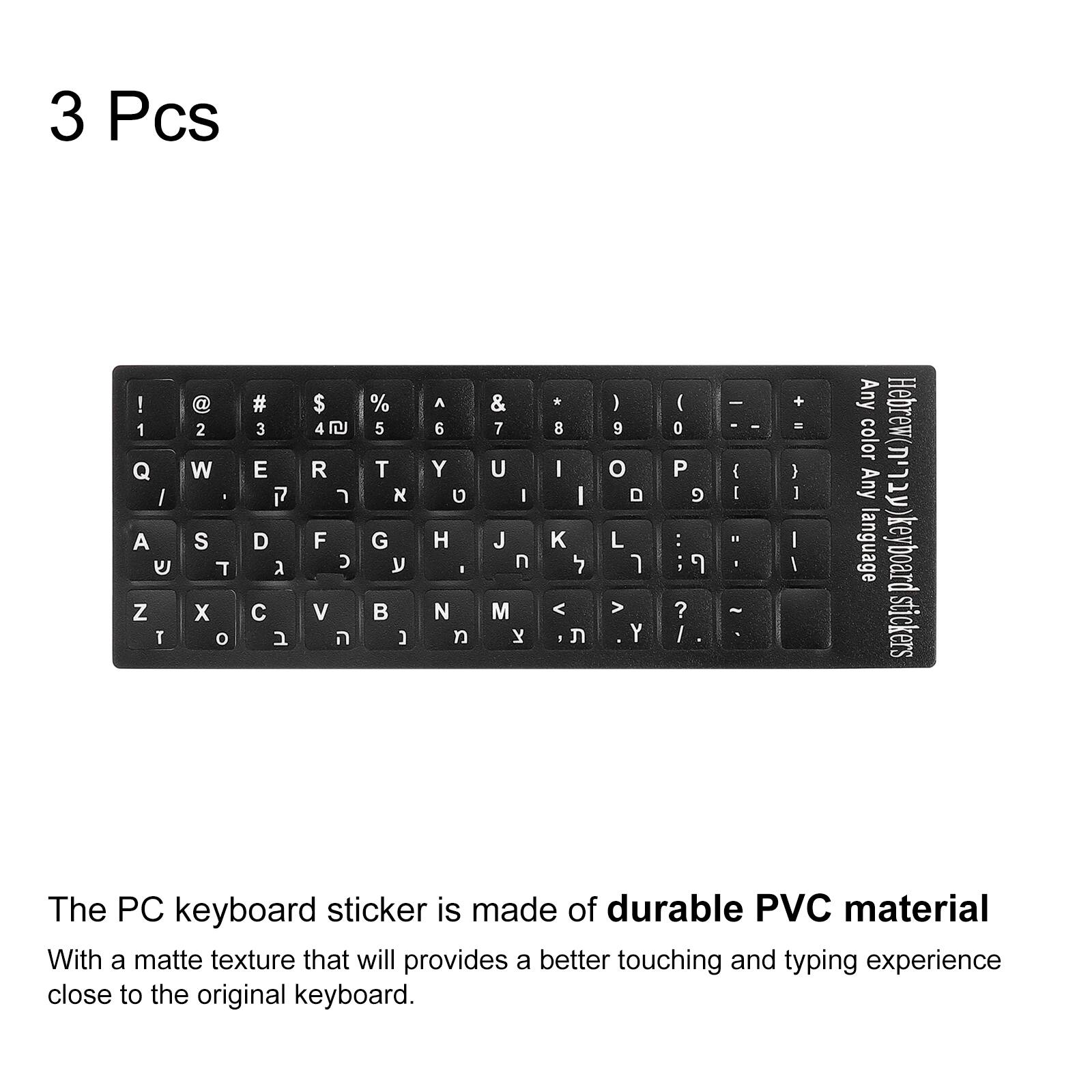3 Pcs

1 Q W E R T Y U I O P

2 A S D F G H J K L

3 Z X C V B N M

4

5

6

7

8

9

0

Any color Any language keyboard stickers

The PC keyboard sticker is made of durable PVC material With a matte texture that will provide a better touching and typing experience close to the original keyboard.