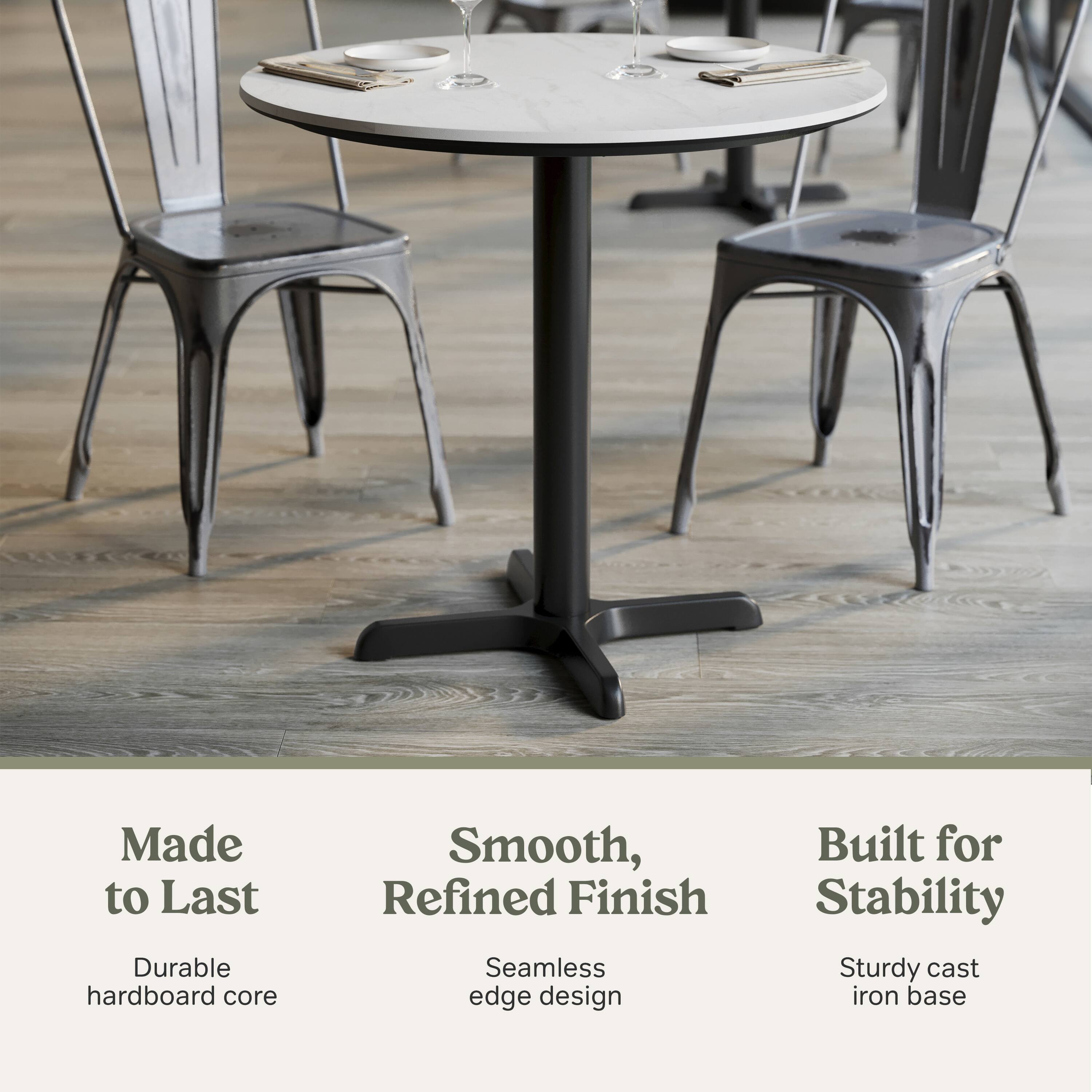 Made to Last  
Durable hardboard core  

Smooth, Refined Finish  
Seamless edge design  

Built for Stability  
Sturdy cast iron base