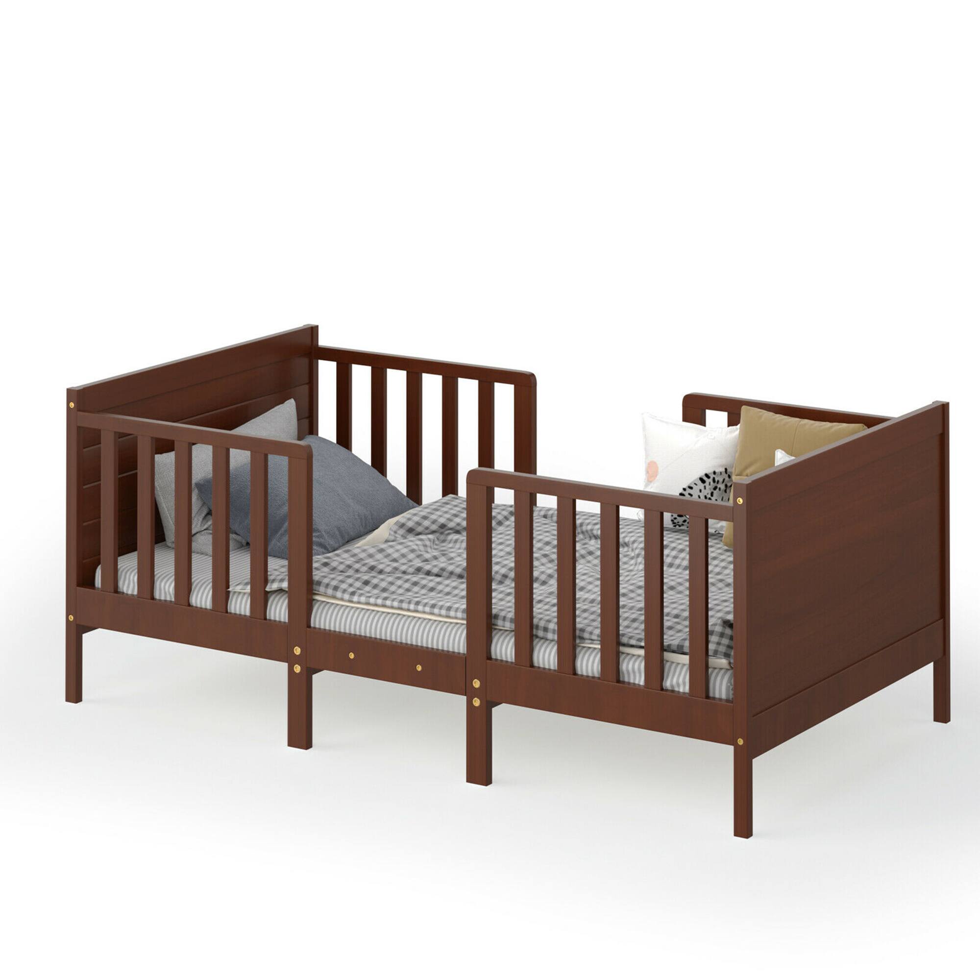 Alt View 2. Gymax - Gymax 2-in-1 Convertible Toddler Bed Wooden Kids Bedroom Furniture w/ Guardrails Brown - Brown.
