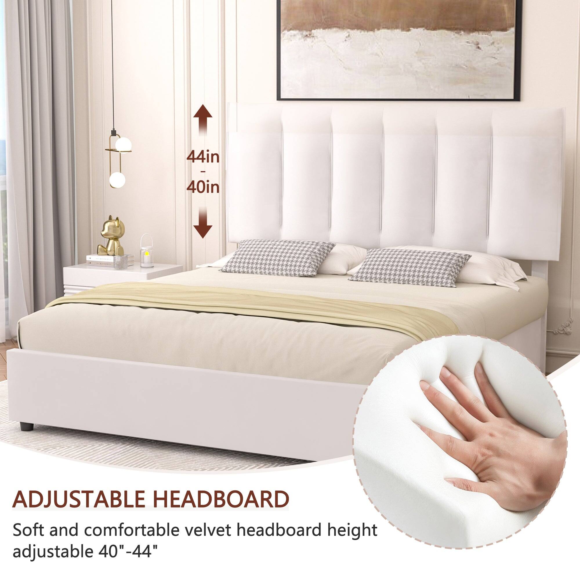 44in I 40in ADJUSTABLE HEADBOARD  
Soft and comfortable velvet headboard height adjustable 40"-44"