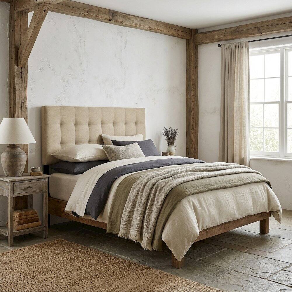 Angle. FurniFact - Upholstered Fabric King Headboard in Neutral Tone with Classic Design - Beige.