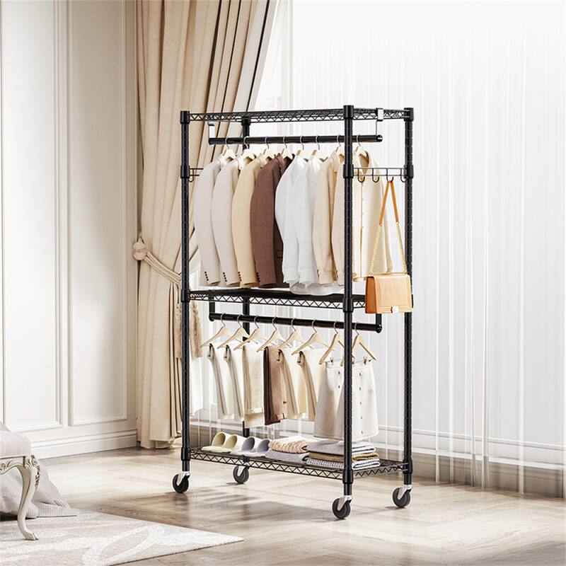 Angle. ALEXOUN - 3 Tiers Heavy Duty Rolling Garment Rack -15.7" x 29.5"x 74.5",Adjustable Wire Shelving, Clothes Rack with 2 Rods & Hooks - Black.