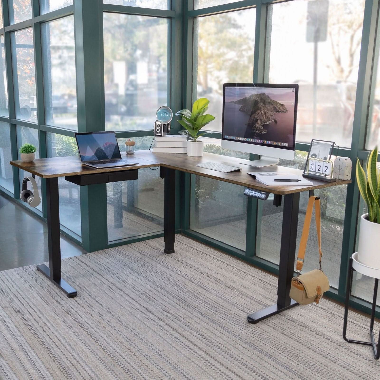 Angle. Mount-It! - Large Electric Height Adjustable Corner Sit-Stand Desk with Dual Motor & Memory Control Black Frame and Brown Tabletop - Brown.