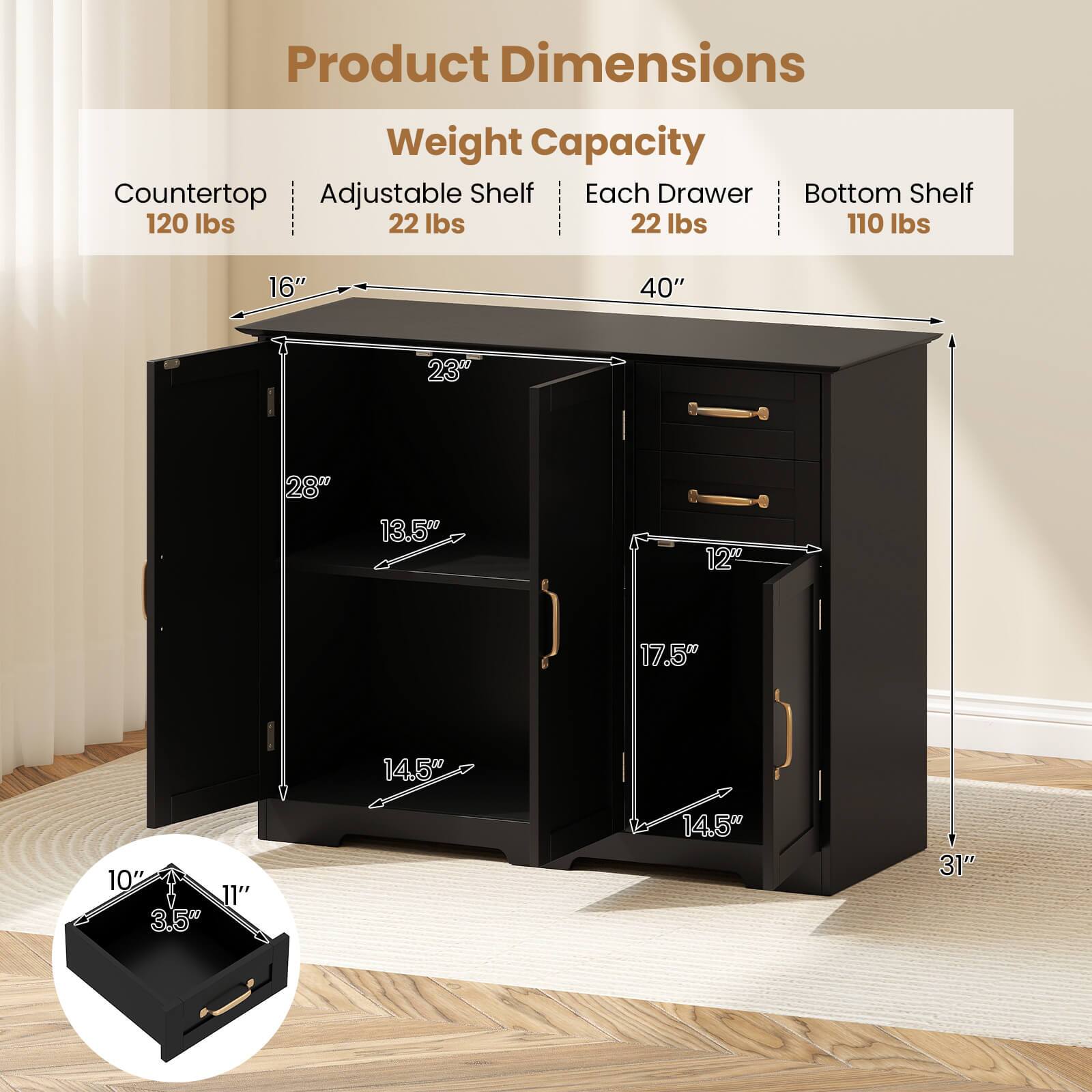 Product Dimensions  
Weight Capacity  
Countertop: 120 lbs  
Adjustable Shelf: 22 lbs  
Each Drawer: 22 lbs  
Bottom Shelf: 110 lbs  

Dimensions:  
- 16"  
- 40"  
- 23"  
- 28"  
- 13.5"  
- 12"  
- 17.5"  
- 14.5"  
- 10"  
- 11"  
- 3.5"  
- 14.5"  
- 31"