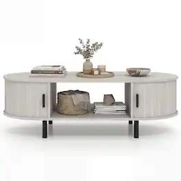 Costway - Oval Coffee Table, 47.5" Wooden Center Table with Storage, Sliding Tambour Doors - Rustic Oak