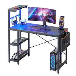 Bestier - 44 inch Gaming Desk with LED Lights, Reversible Storage Shelves & Side Storage Bag for Small Space - Black Grained