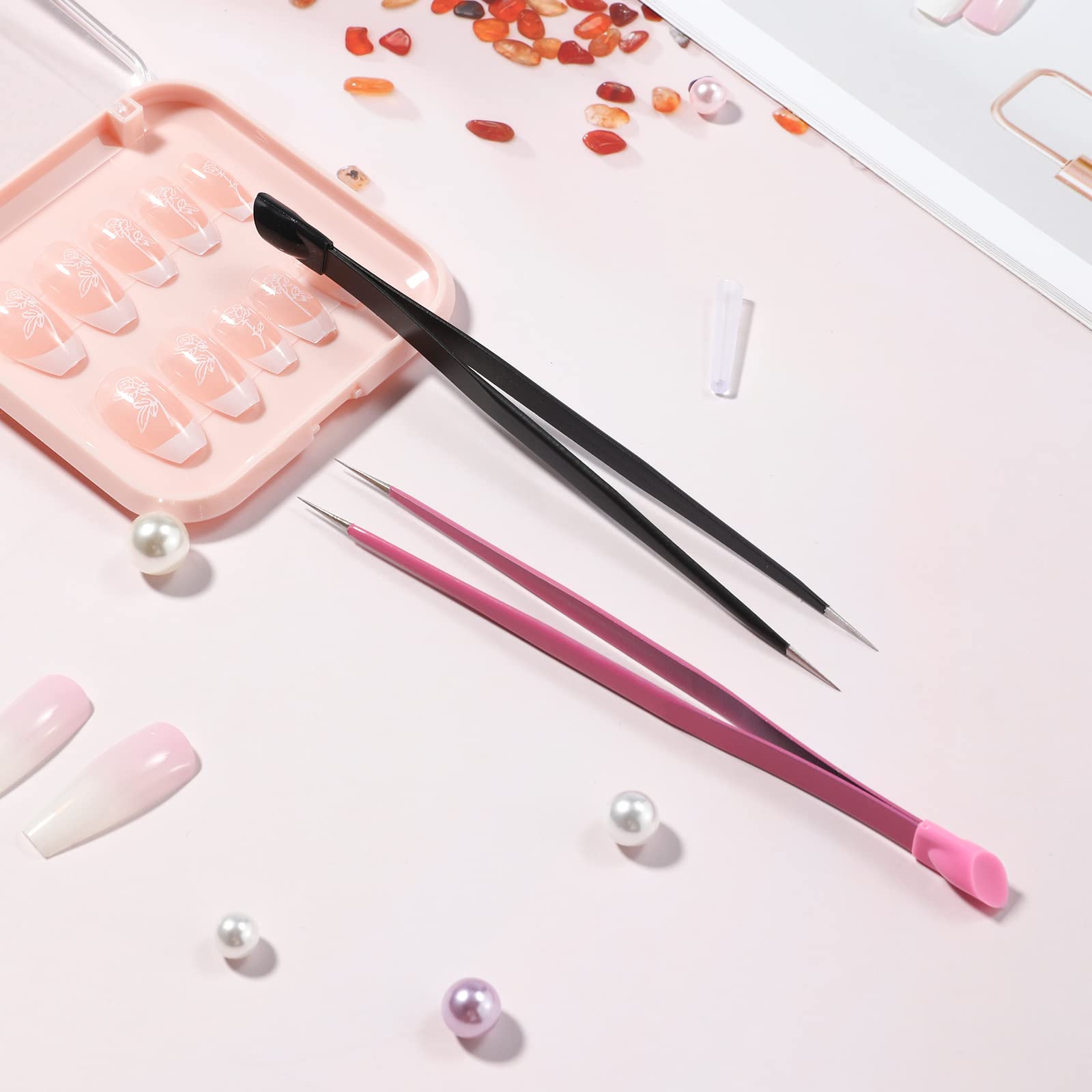 Left. Stylel Star - Pcs Set Straight Tweezers Probe Tips Metal Silicone Pressing Head Art Picking Rhinestones Gel Stickers Eyelash.