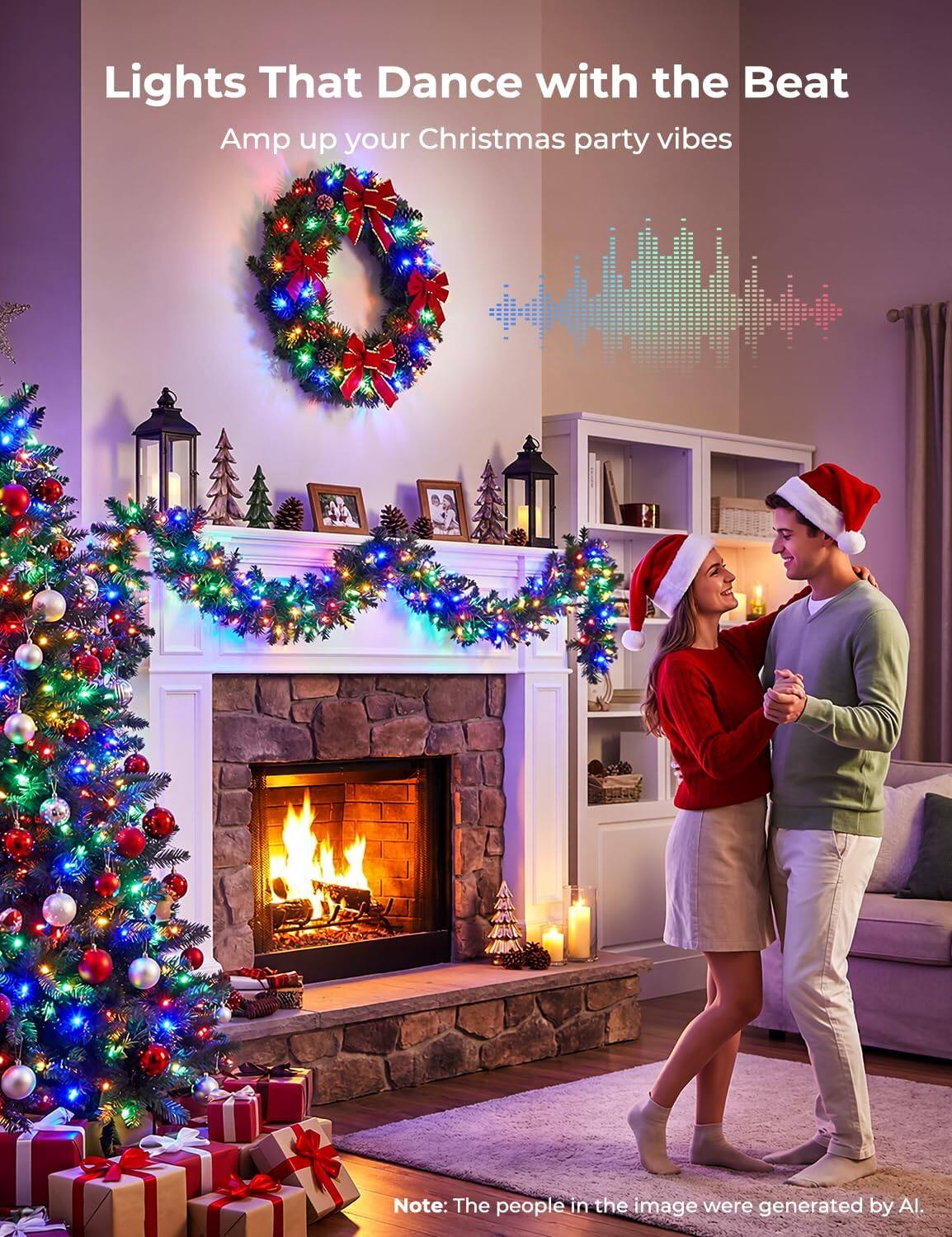 Lights That Dance with the Beat  
Amp up your Christmas party vibes  

Note: The people in the image were generated by AI.