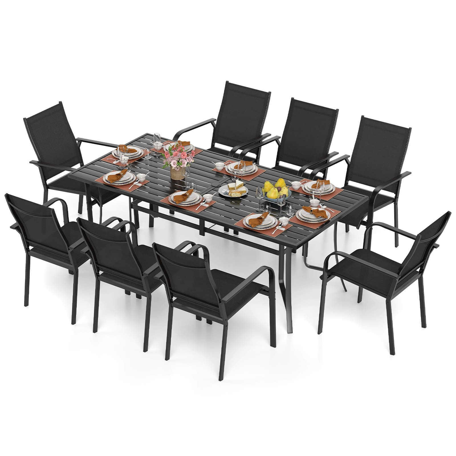 Gymax - 9PCS Patio Dining Set Rectangular Table & Stackable Chairs w/Umbrella Hole - Black