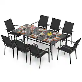 Gymax - 9PCS Patio Dining Set Rectangular Table & Stackable Chairs w/Umbrella Hole - Black