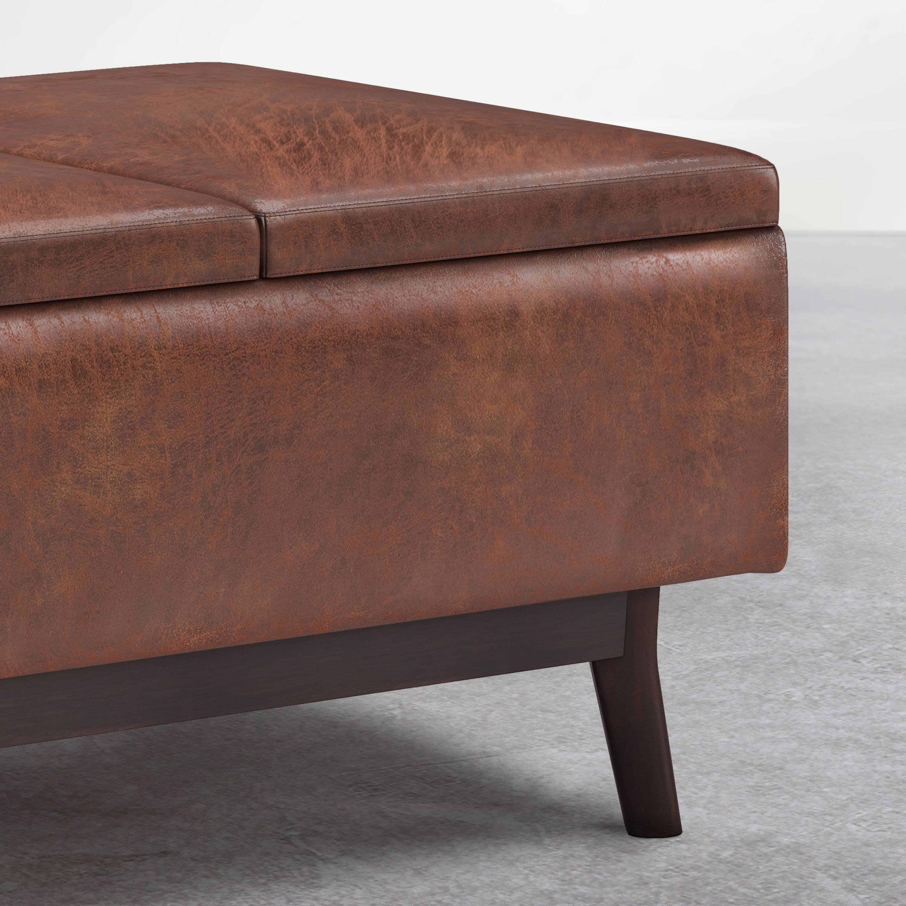 Alt View 2. Simpli Home - Owen Tray Top 34 inch Wide Solid Wood Storage Ottoman, Distressed Pecan Brown - Distressed Pecan Brown.