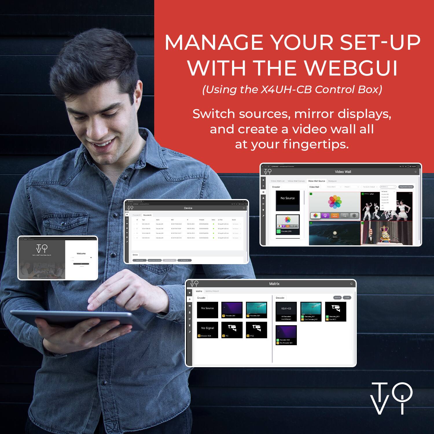 MANAGE YOUR SET-UP WITH THE WEBGUI  
(Using the X4UH-CB Control Box)  

Switch sources, mirror displays, and create a video wall all at your fingertips.