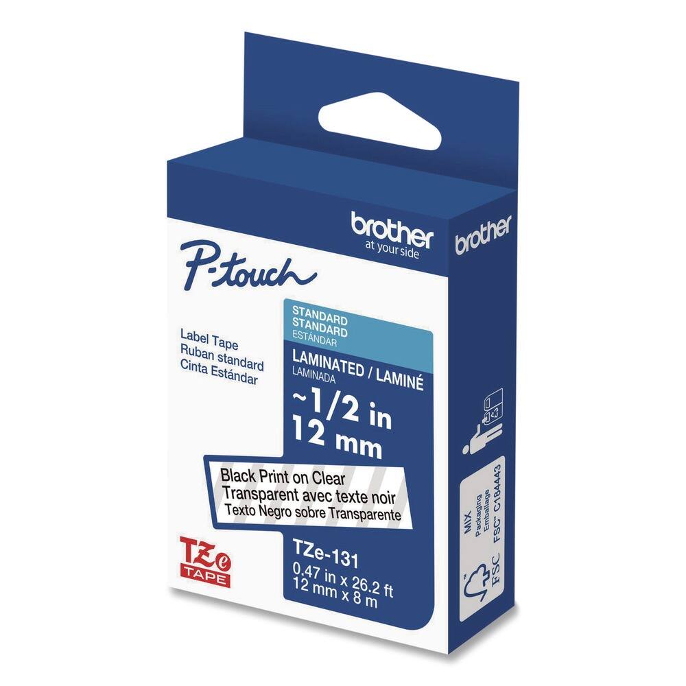 - Brother at your side
- P-touch
- Label Tape
- Ruban standard
- Cinta Estándar
- STANDARD
- ESTANDAR
- LAMINATED
- LAMINADA
- ~1/2 in
- 12 mm
- Black Print on Clear
- Transparent avec texte noir
- Texto Negro sobre Transparente
- TZe-131
- 0.47 in x 26.2 ft
- 12 mm x 8 m
- MIX F8C
- Packaging C18443
- FSC C18443
- FSC