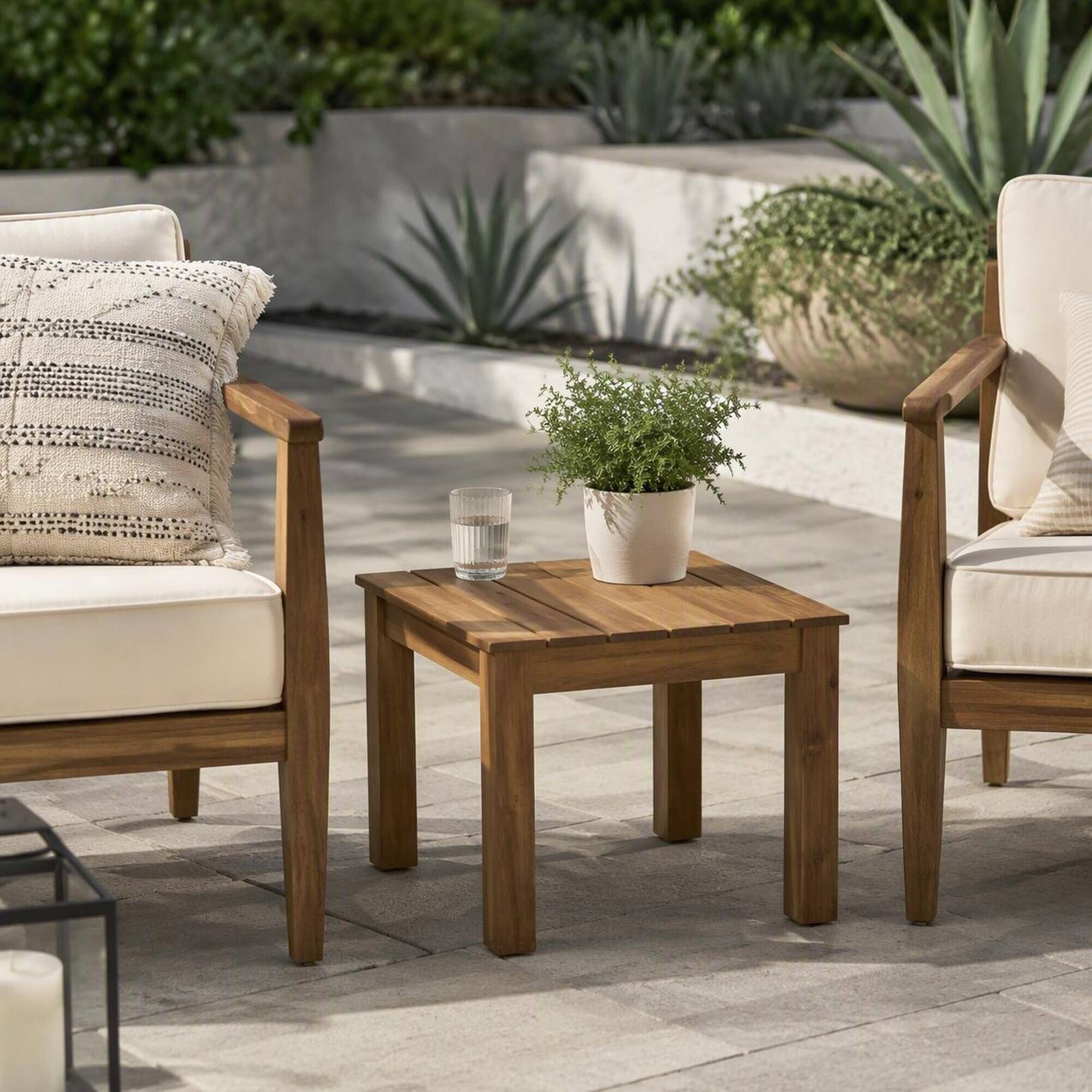 Left. RYHNUYNE - Solid Wood Outdoor Side Table, Brown Slatted Patio End Table for Garden Backyard Porch Balcony - Brown.