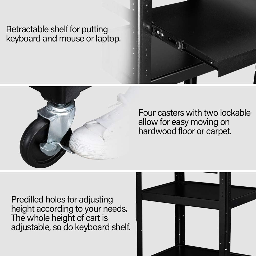Retractable shelf for putting keyboard and mouse or laptop.

Four casters with two lockable allow for easy moving on hardwood floor or carpet.

Predilled holes for adjusting height according to your needs. The whole height of cart is adjustable, so do keyboard shelf.