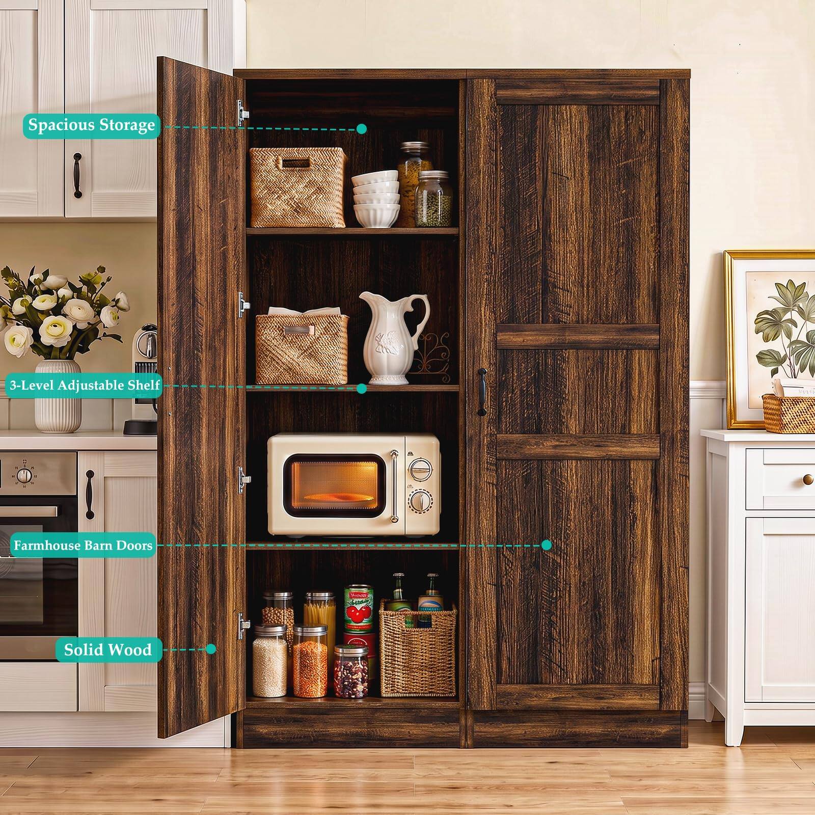Spacious Storage  
3-Level Adjustable Shelf  
Farmhouse Barn Doors  
Solid Wood