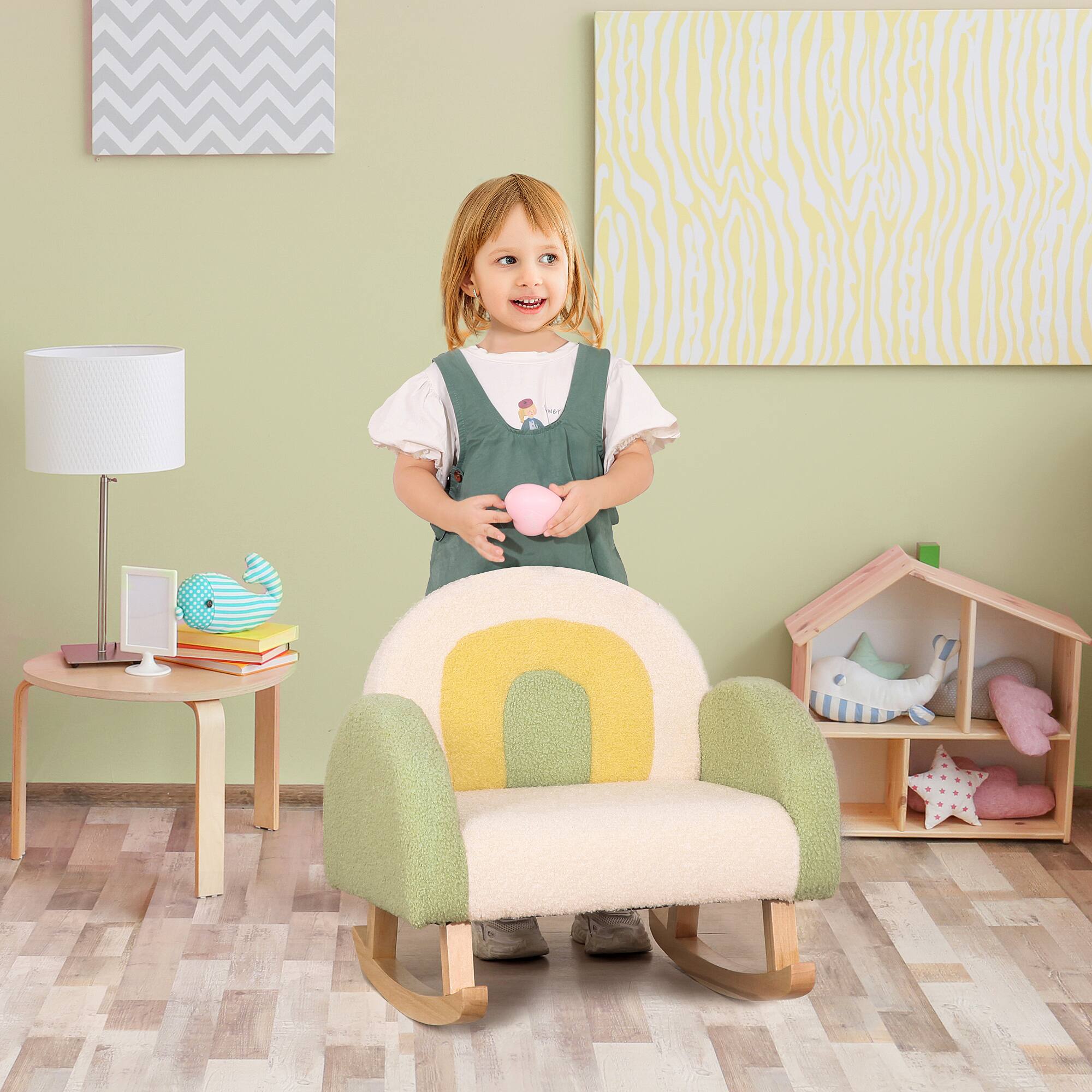 Angle. Qaba - Kids Sofa, Toddler Rocking Chair, Solid Wooden Frame, Faux Lamb Fleece Fabric, Kids Arm Chair, Nursery, Ages 2-3 years - Green.