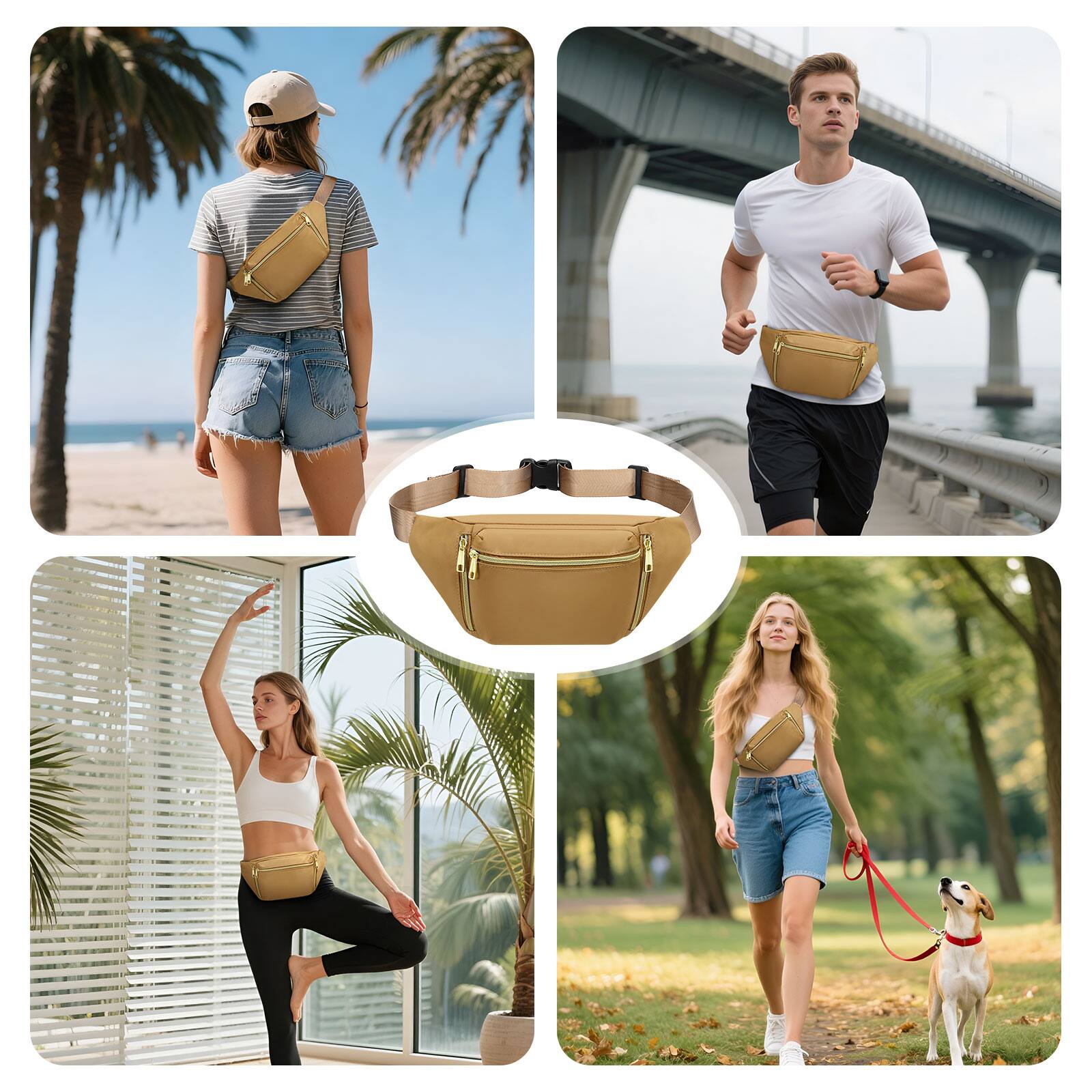 Alt View 5. Unique Bargains - Crossbody Fanny Pack with 5-Zipper Pockets Waterproof Nylon Anti Theft Waist Bag for Women Men for Sports Traveling - Khaki.