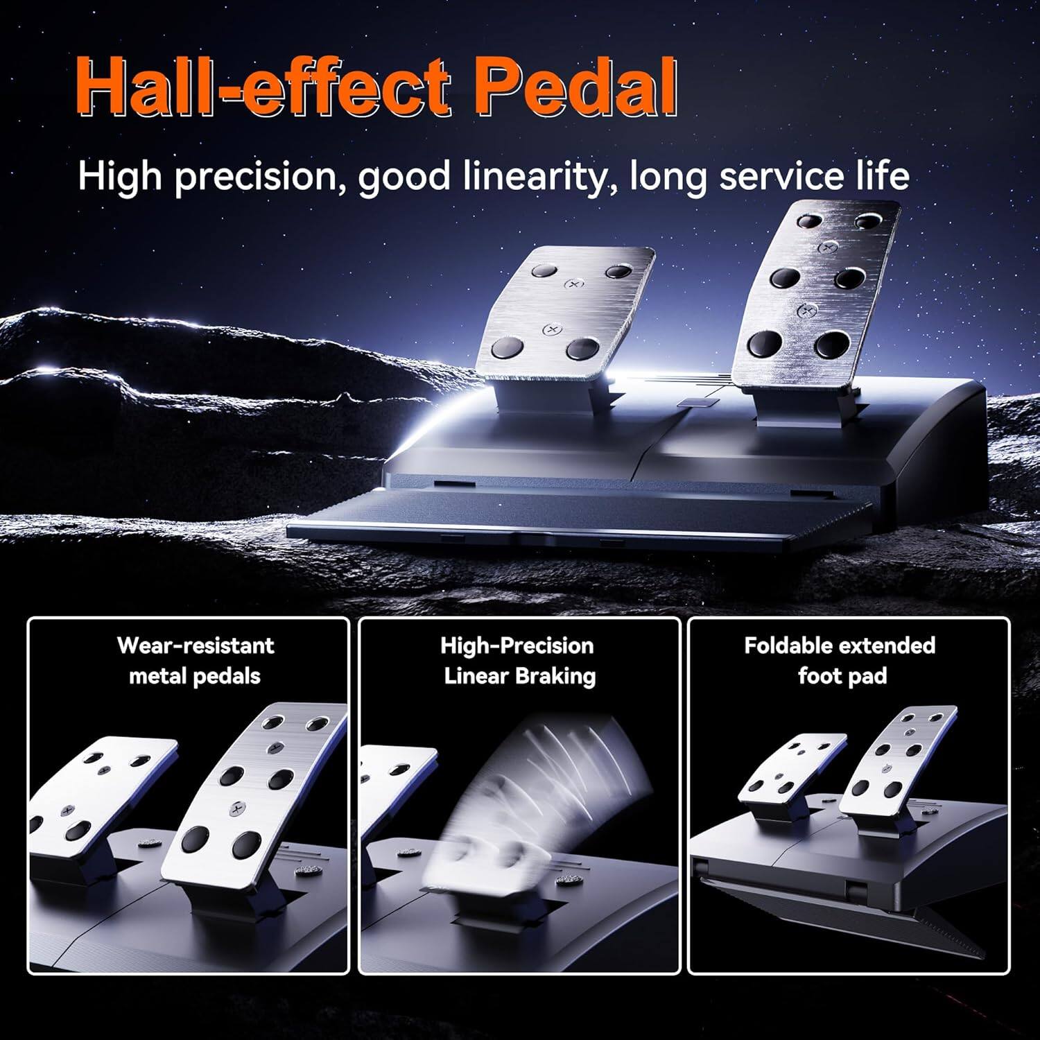 Hall-effect Pedal

High precision, good linearity, long service life

- Wear-resistant metal pedals
- High-Precision Linear Braking
- Foldable extended foot pad