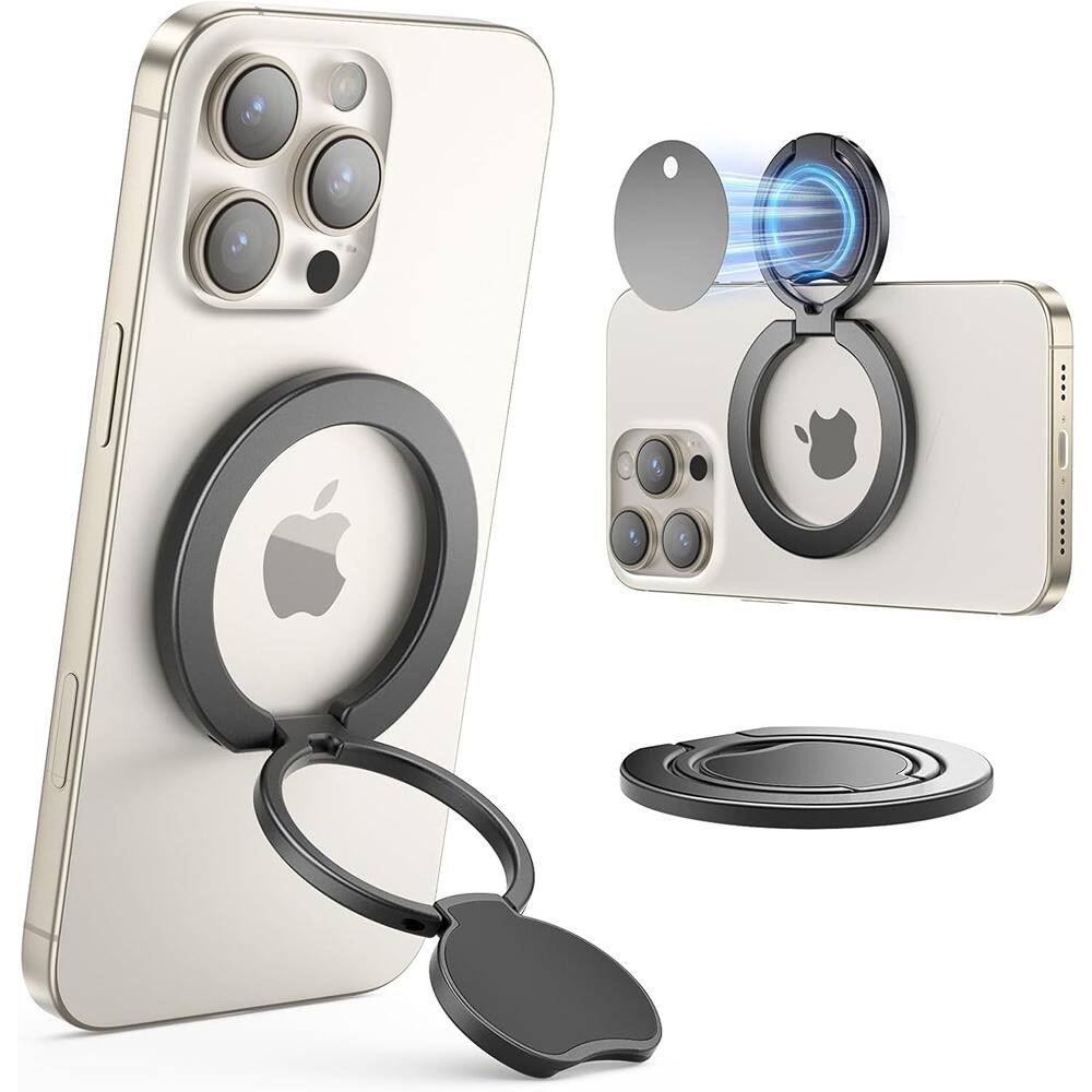 The image shows a phone with a circular accessory attached to it. The accessory has a ring and a keychain, and there is a small circular component that can be detached. The phone has multiple camera lenses.
