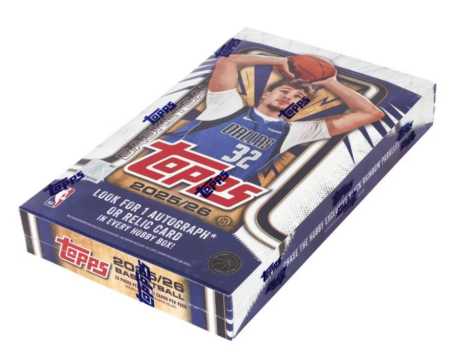 Topps 2025/26 Basketball  
Look for 1 Autograph or Relic Card in every Hobby Box!  
20 Packs per Box  
295 Cards per Pack  
Rainbow Parallel Chase the Hobby Exclusive  
Topps Black Rainbow