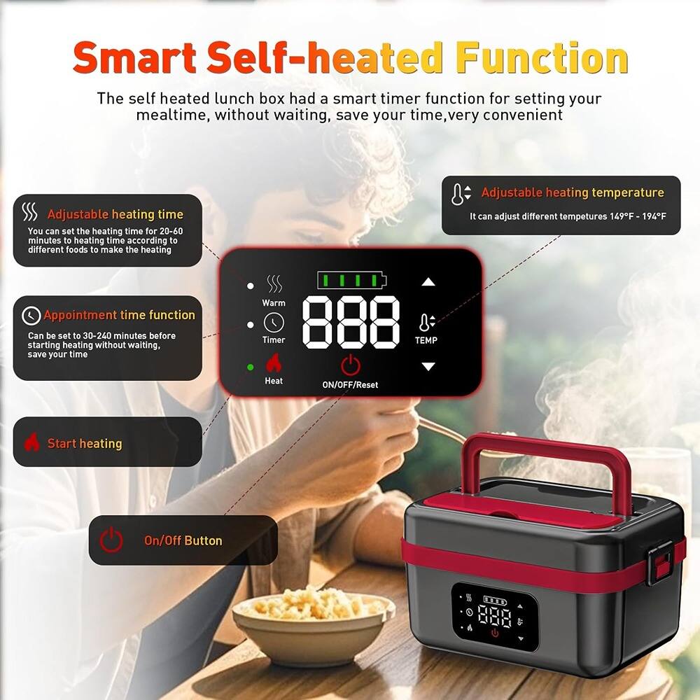 Smart Self-heated Function

The self-heated lunch box has a smart timer function for setting your mealtime, without waiting, save your time, very convenient.

- Adjustable heating time
  - You can set the heating time for 20-60 minutes to make the heating time according to different foods to make the heating save your time.

- Appointment time function
  - Can be set to 30-240 minutes before starting heating without waiting, save your time.

- Adjustable heating temperature
  - It can adjust different temperatures 149°F - 194°F.

- Start heating

- On/Off Button

Warm Timer TEMP Heat ON/OFF/Reset Start heating On/Off Button