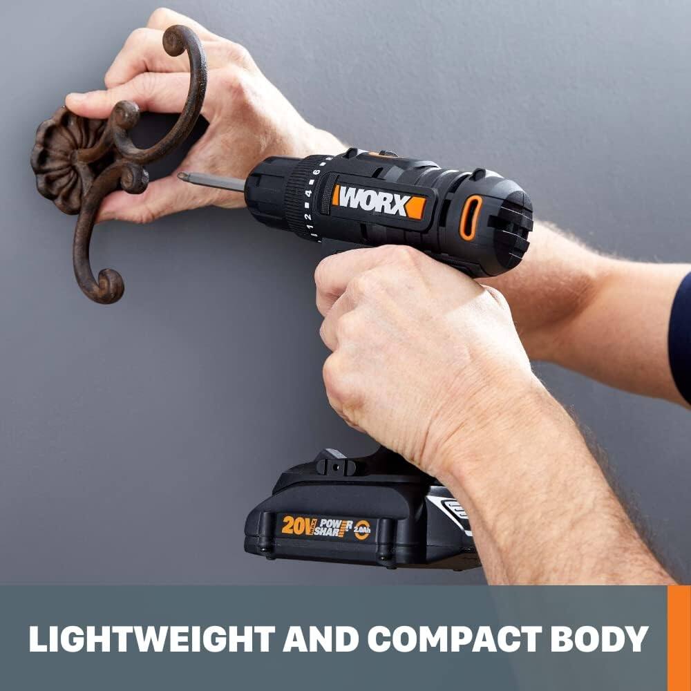 The text on the image reads "WORX 20V R POWER SHARE 2.04 F LIGHTWEIGHT AND COMPACT BODY."