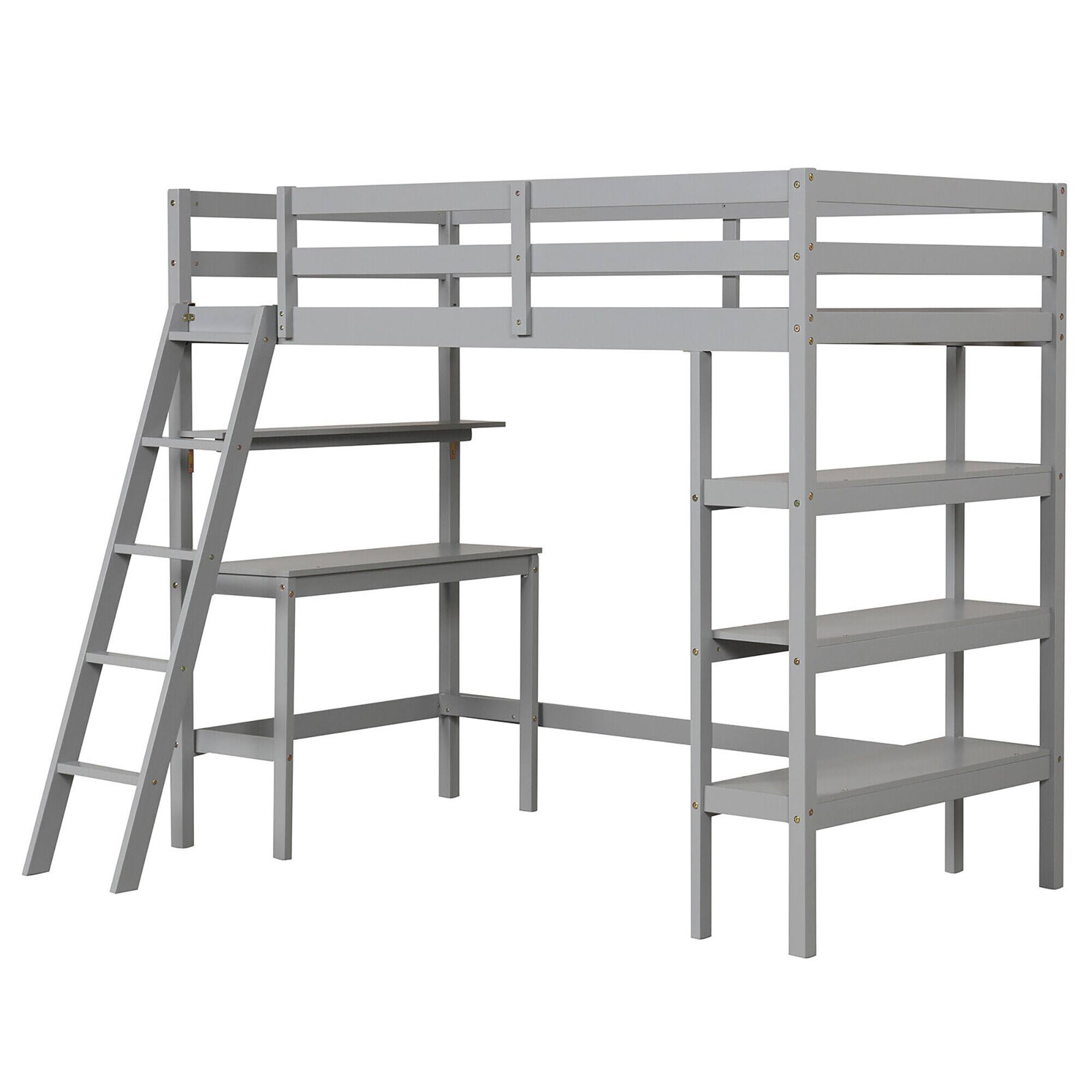 Alt View 1. Gymax - Gymax Twin Size Solid Wood Loft Bed w/ Desk & Bookshelves Ladder & Guardrails Gray - Gray.