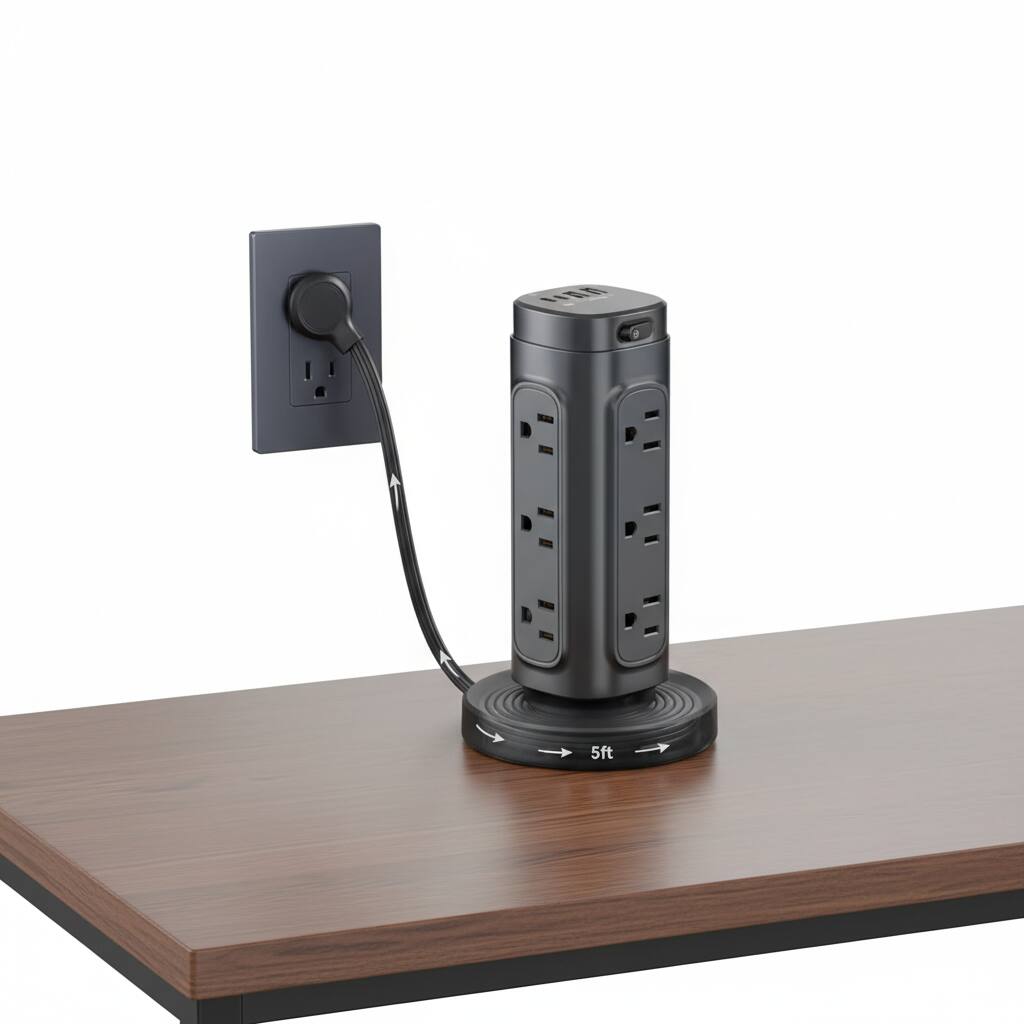 Alt View 1. Dazzed Corner - Retractable Power Strip Tower, Flat Plug & USB-C PD 20W, 5FT Cord, 1700J - Black.