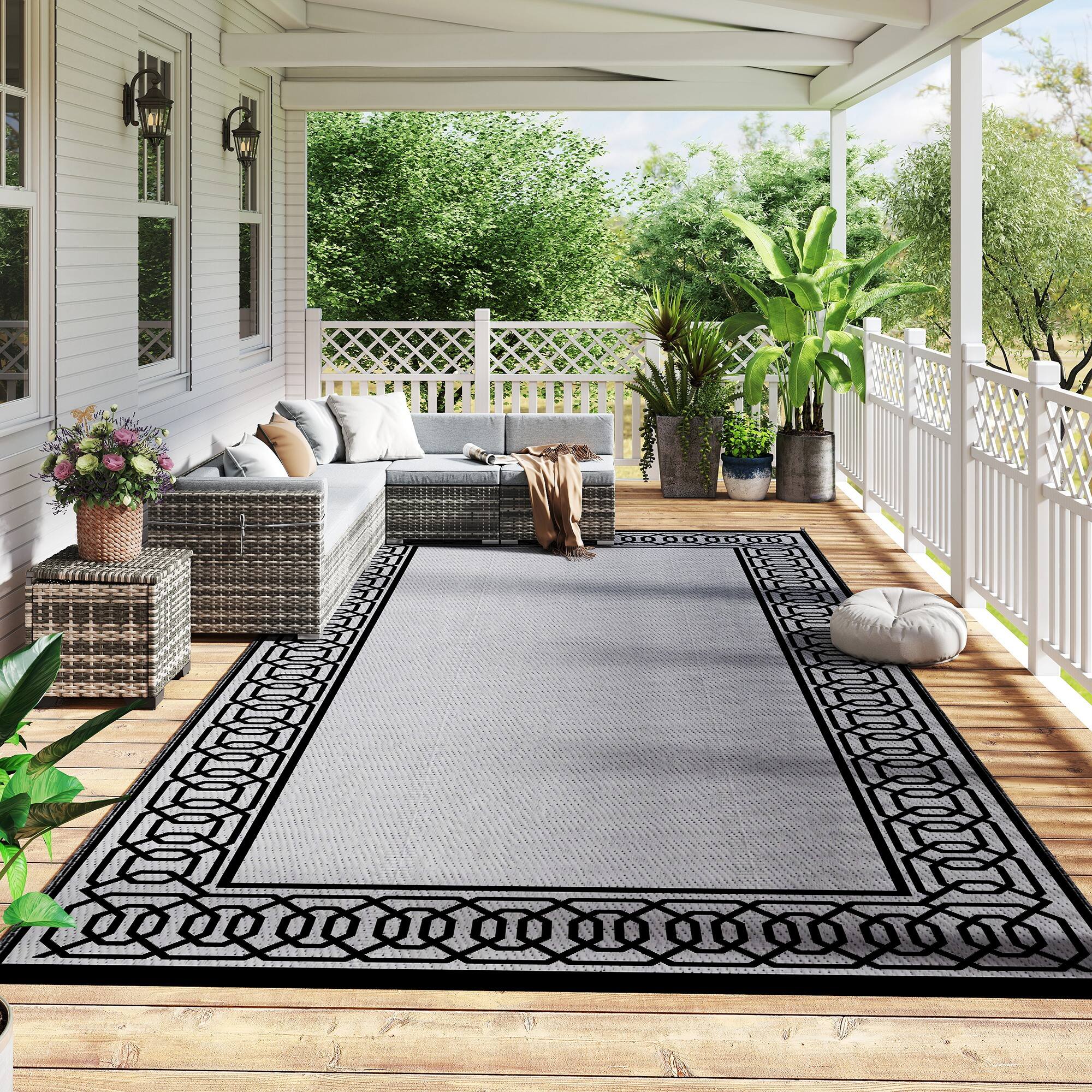 Alt View 1. Outsunny - Mat, Outdoor Patio Rug / Large Camping Carpet, 9' x 18', Waterproof Plastic Straw, Reversible - Black and gray.