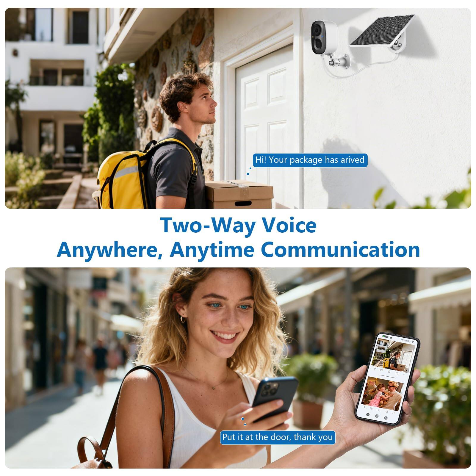 Hi! Your package has arrived

Two-Way Voice
Anywhere, Anytime Communication

Put it at the door, thank you