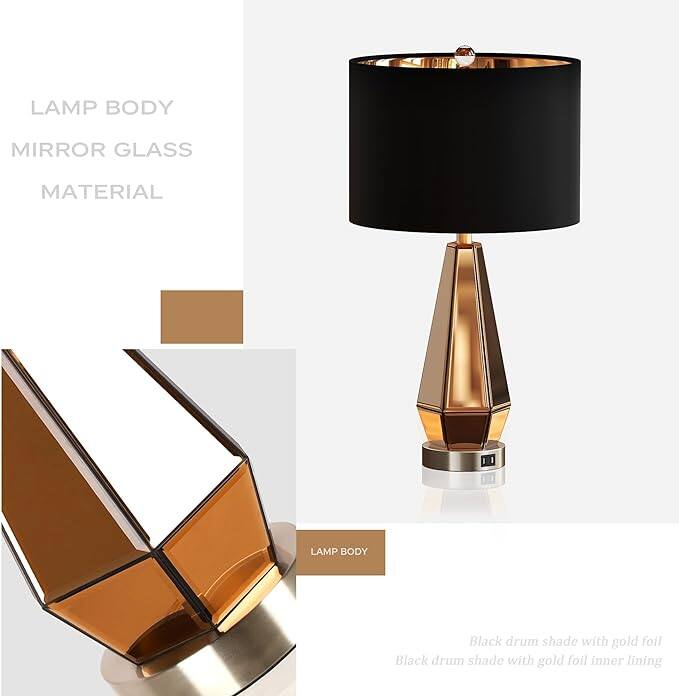 LAMP BODY  
MIRROR GLASS  
MATERIAL  

Black drum shade with gold foil  
Black drum shade with gold foil inner lining