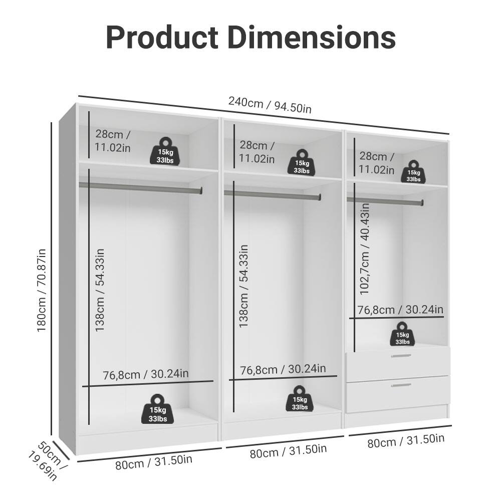 Product Dimensions

- 240cm / 94.50in
- 180cm / 70.87in
- 28cm / 11.02in
- 15kg / 33lbs
- 138cm / 54.33in
- 76.8cm / 30.24in
- 28cm / 11.02in
- 15kg / 33lbs
- 138cm / 54.33in
- 76.8cm / 30.24in
- 28cm / 11.02in
- 15kg / 33lbs
- 102.7cm / 40.43in
- 76.8cm / 30.24in
- 28cm / 11.02in
- 15kg / 33lbs
- 50cm / 19.69in
- 80cm / 31.50in
