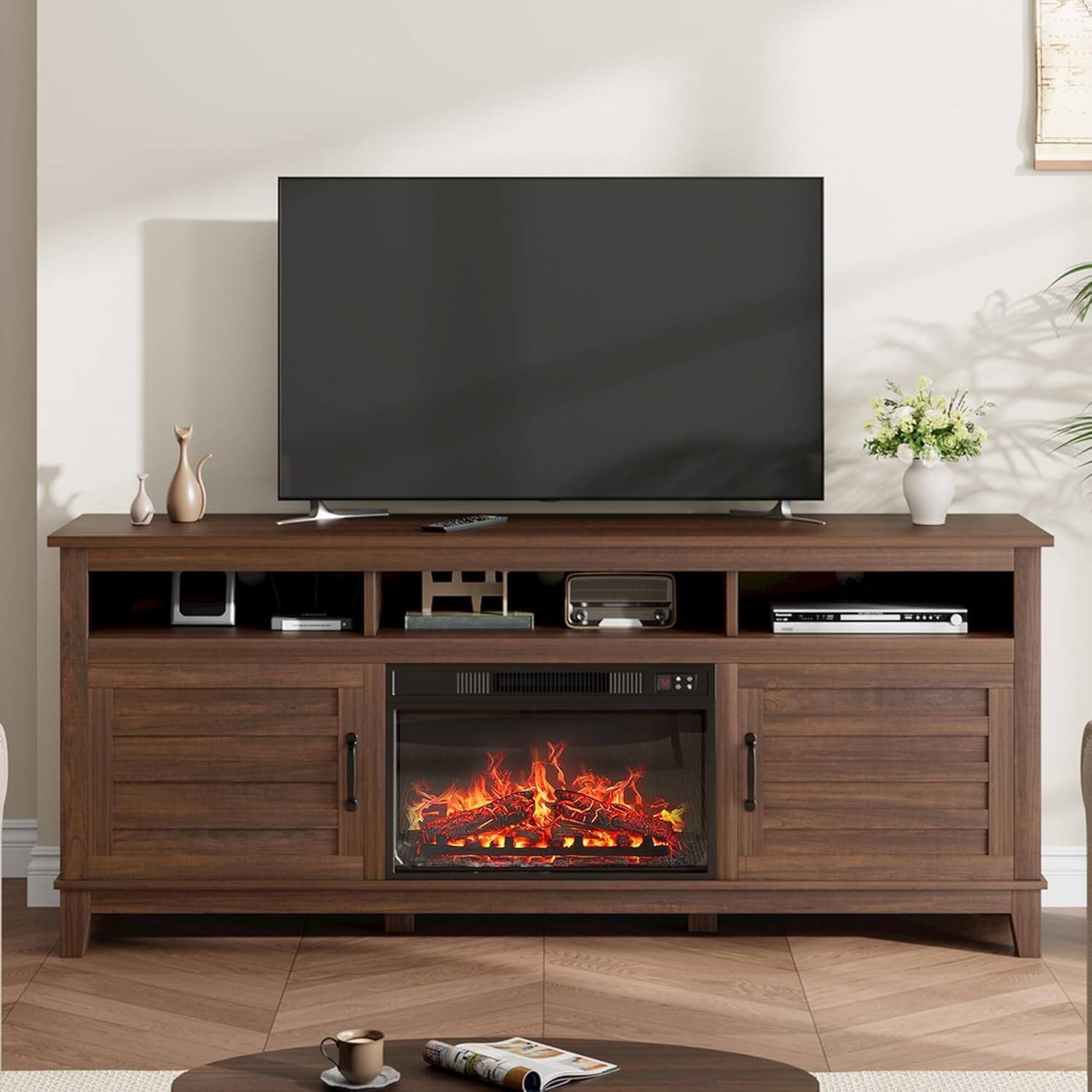 Front. Jojoka - 71" Farmhouse TV Stand with 23" Electric Fireplace, Adjustable Storage, Media Console for Living Room & Bedroom - Brown.