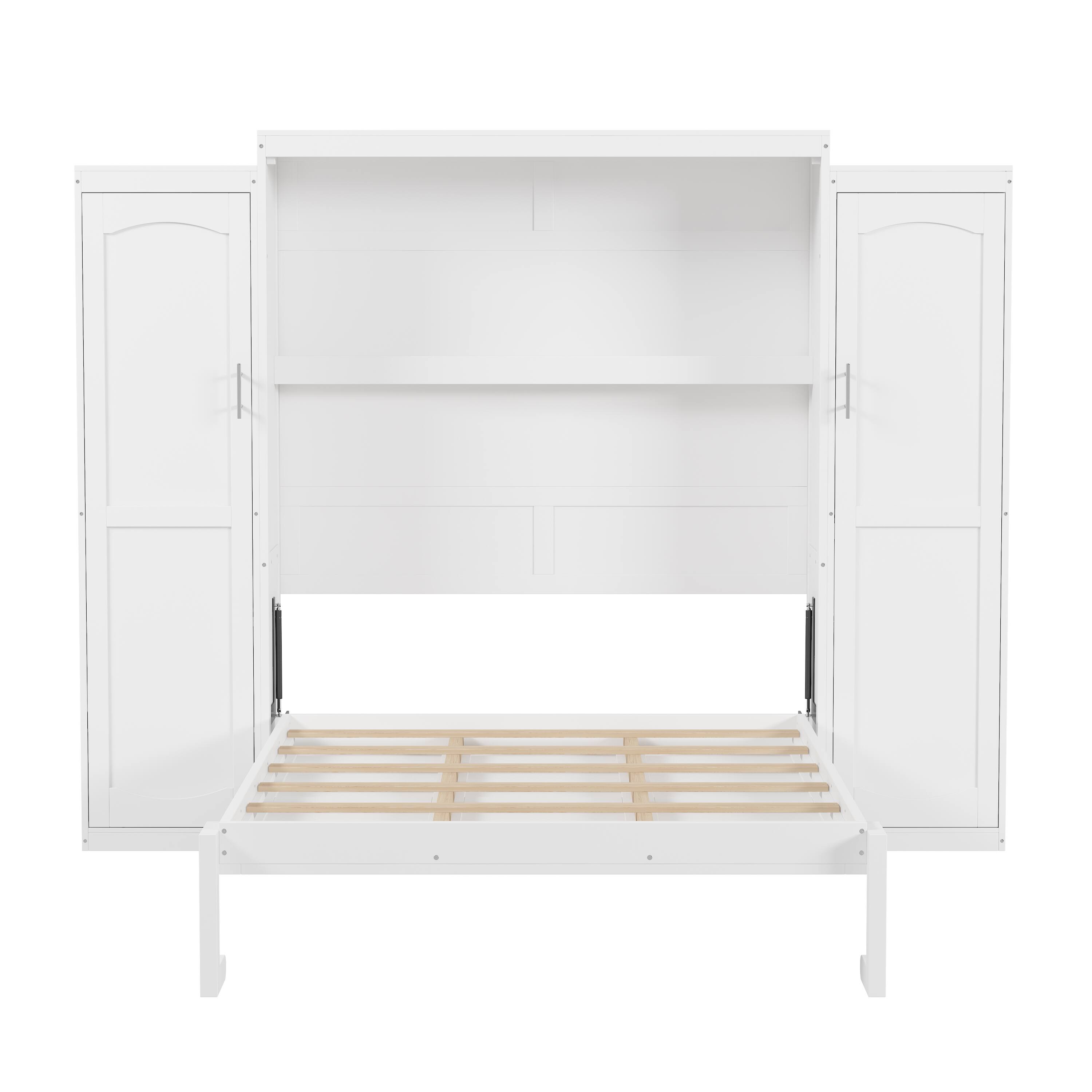 Alt View 6. Tiramisubest - Full Size Murphy Bed with 2 Wardrobe and Storage Shelf, Multifunctional Foldable Platform Bedframe, White - White.