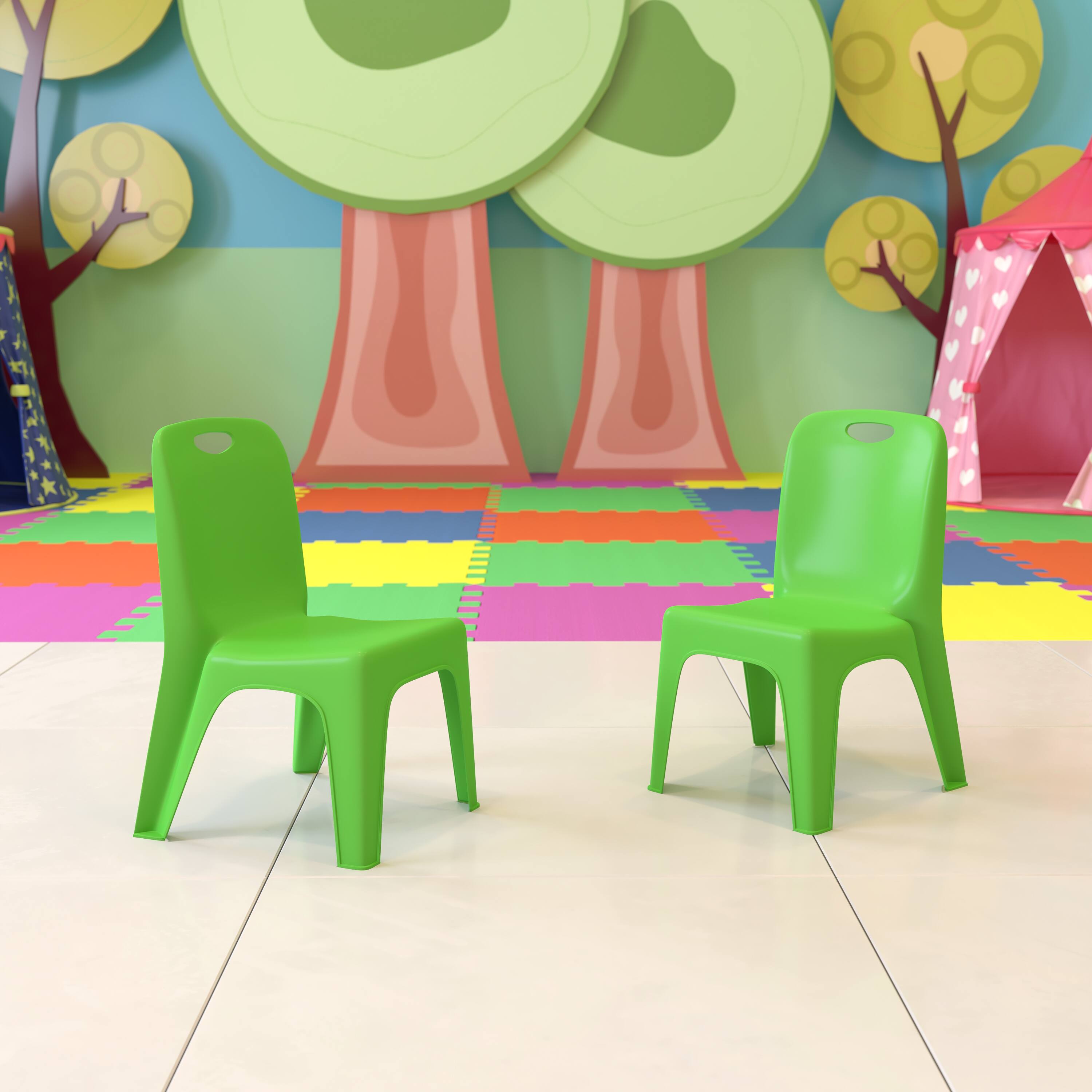 Alt View 2. Emma + Oliver - 2 Pack Plastic Stackable School Chair with Carrying Handle and 11"H Seat - Green.