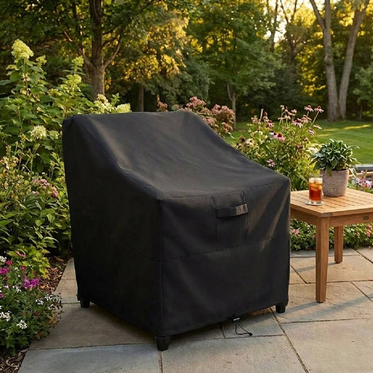 Angle. KHOMO GEAR - Heavy-Duty Patio Chair Cover, Waterproof Outdoor Furniture Protector, Fade & Weather Resistant – Black (Standard Size) - Black.