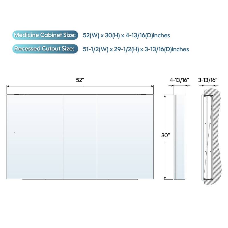 Medicine Cabinet Size: 52(W) x 30(H) x 4-13/16(D) inches  
Recessed Cutout Size: 51-1/2(W) x 29-1/2(H) x 3-13/16(D) inches