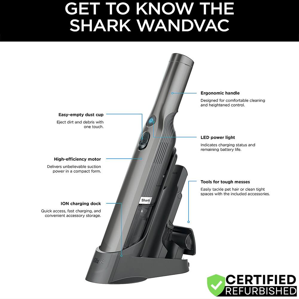 GET TO KNOW THE SHARK WANDVAC

- Ergonomic handle  
  Designed for comfortable cleaning and heightened control.

- Easy-empty dust cup  
  Eject dirt and debris with one touch.

- LED power light  
  Indicates charging status and remaining battery life.

- High-efficiency motor  
  Delivers unbelievable suction power in a compact form.

- ION charging dock  
  Quick access, fast charging, and convenient accessory storage.

- Tools for tough messes  
  Easily tackle pet hair or clean tight spaces with the included accessories.

CERTIFIED REFURBISHED
