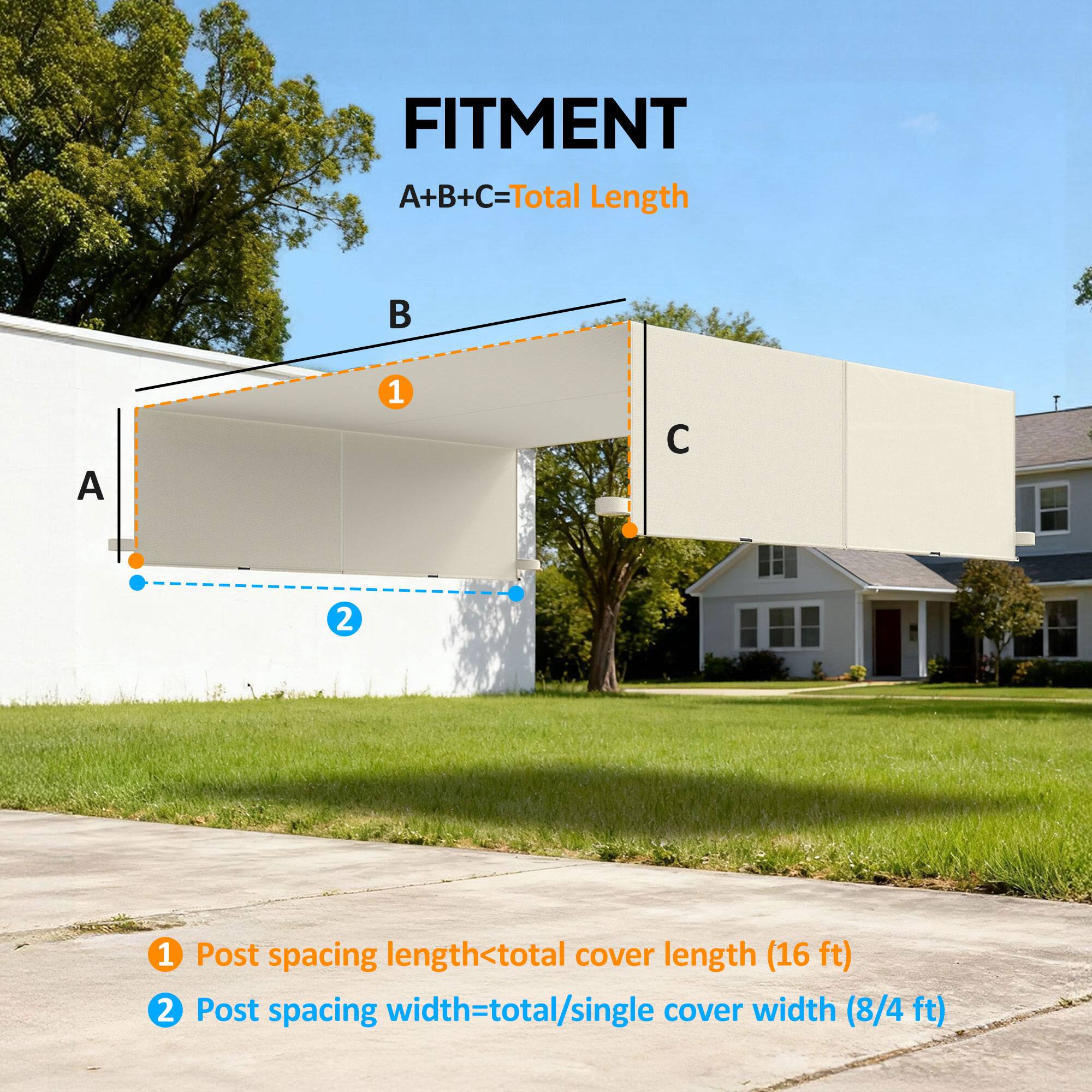 FITMENT  
A + B + C = Total Length  

1. Post spacing length < total cover length (16 ft)  
2. Post spacing width = total/single cover width (8/4 ft)