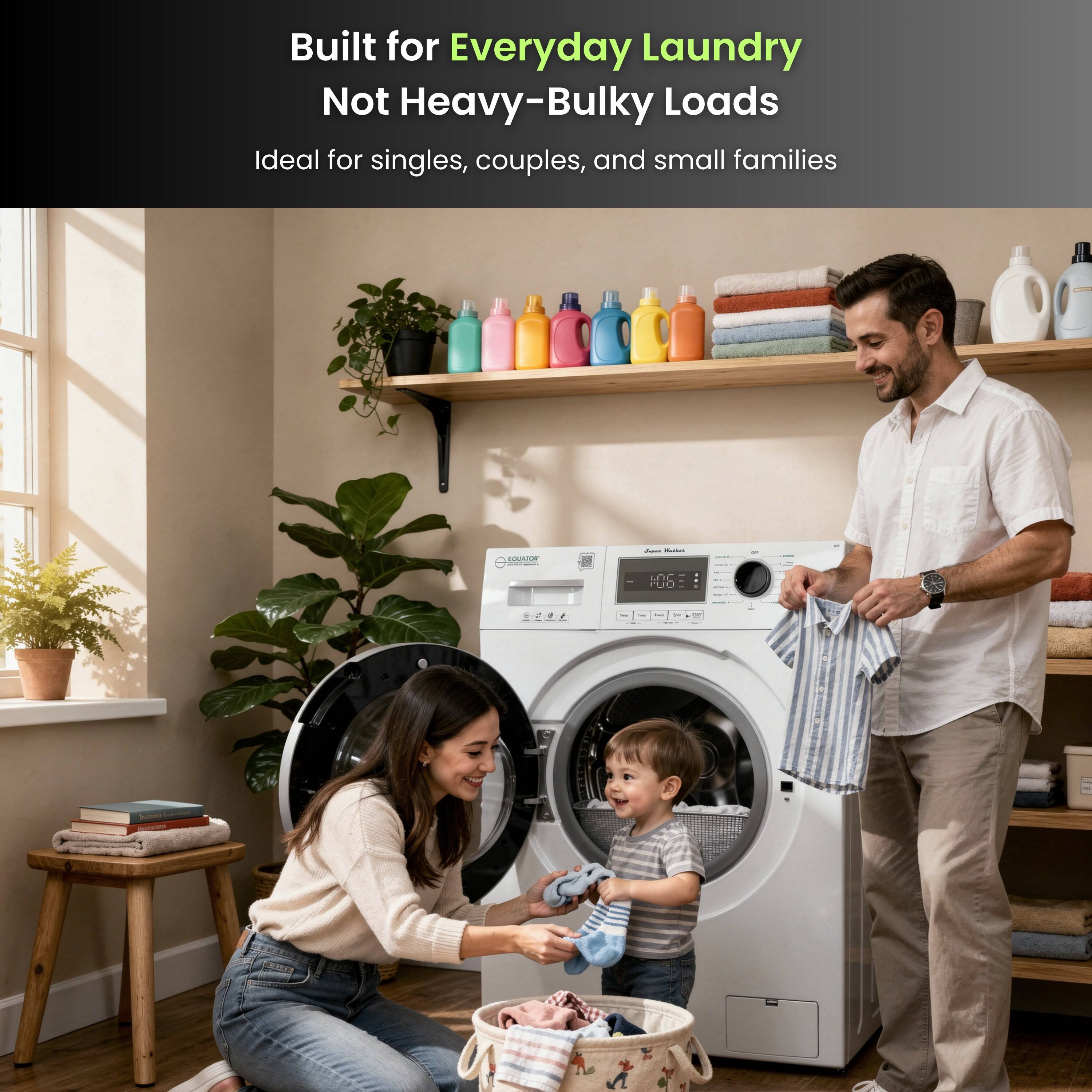 Built for Everyday Laundry  
Not Heavy-Bulky Loads  
Ideal for singles, couples, and small families