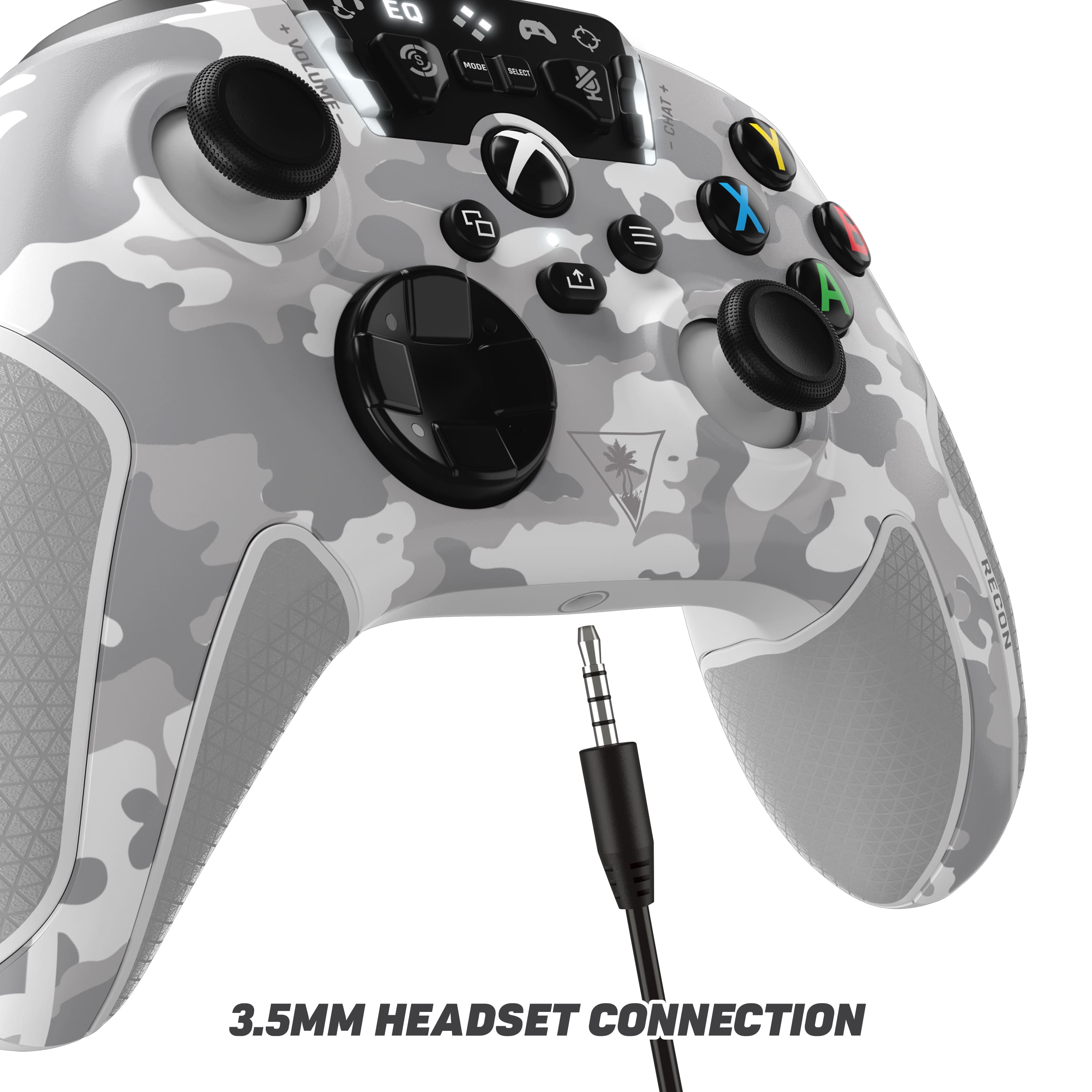 The image features a white and grey Xbox One controller with a 3.5mm headset connection. The controller has a camouflage pattern and is equipped with various buttons, including a D-pad, A, B, X, Y, and L1 and R1 buttons. The headset connection allows for a more immersive gaming experience by providing audio through a headset.