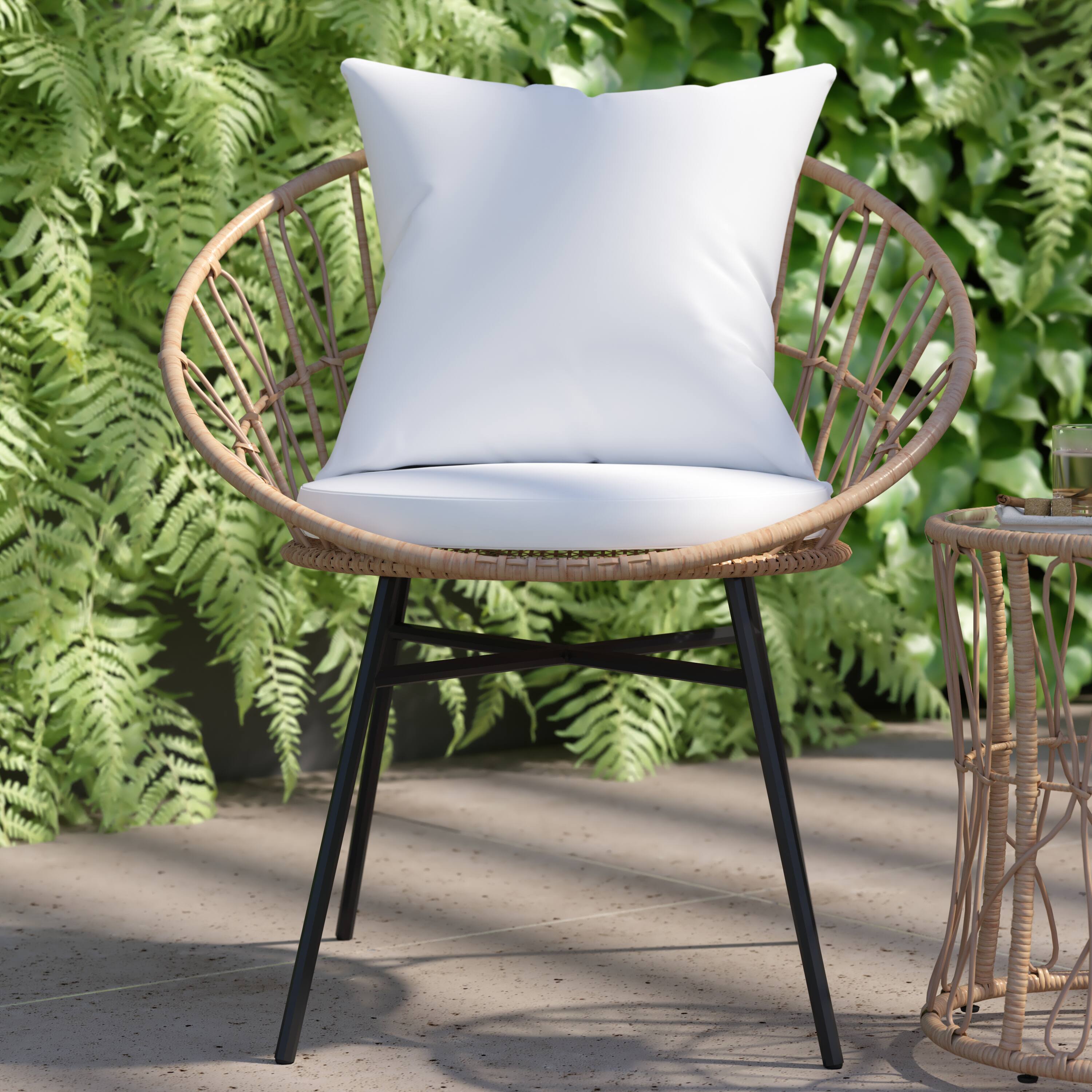 Alt View 4. Emma + Oliver - Ari 3 Piece Boho Patio Set - Faux Rattan Rope Papasan Style Chairs with Cushions and Glass Topped Side Table - Light Gray Fabric/Tan Frame.
