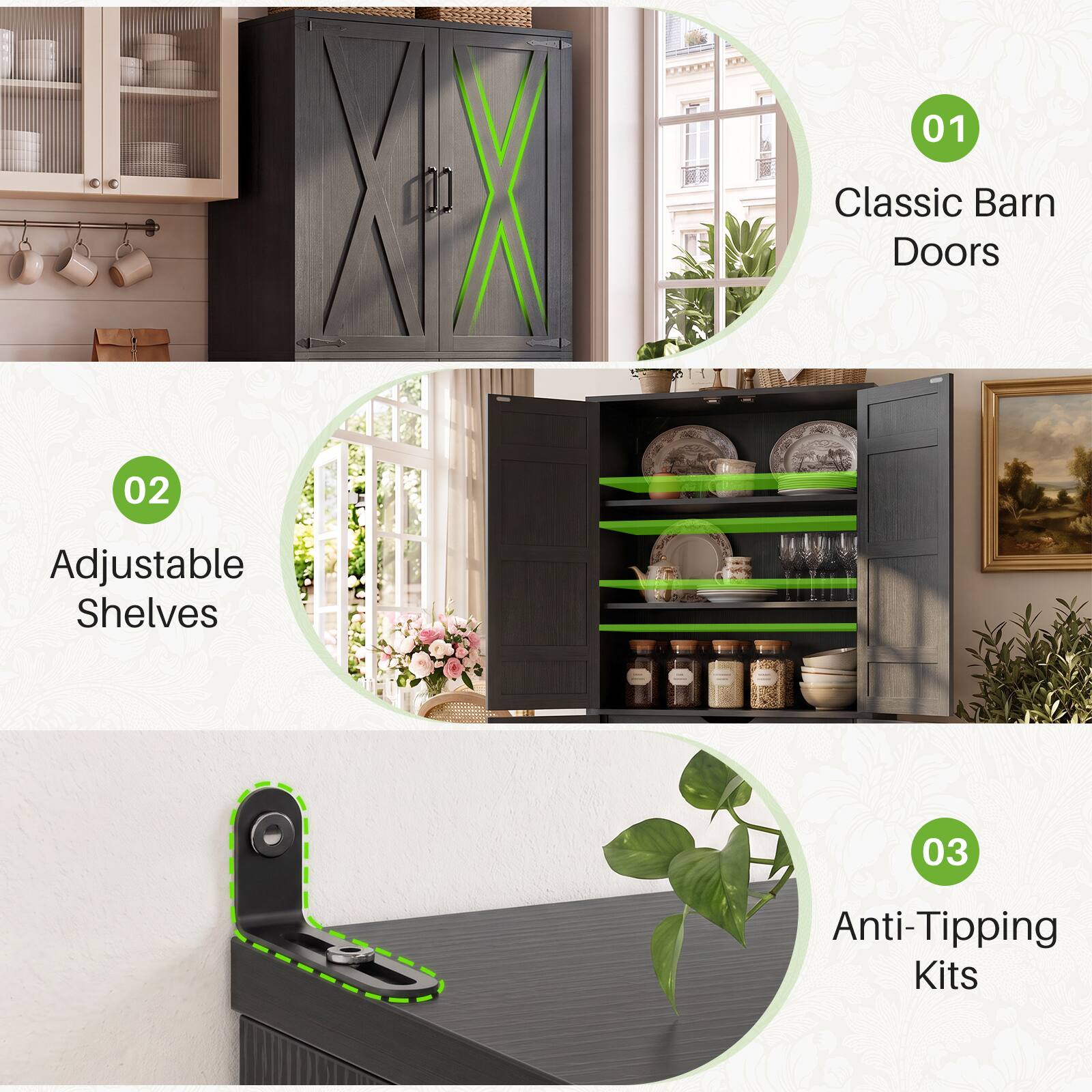 01 Classic Barn Doors  
02 Adjustable Shelves  
03 Anti-Tipping Kits