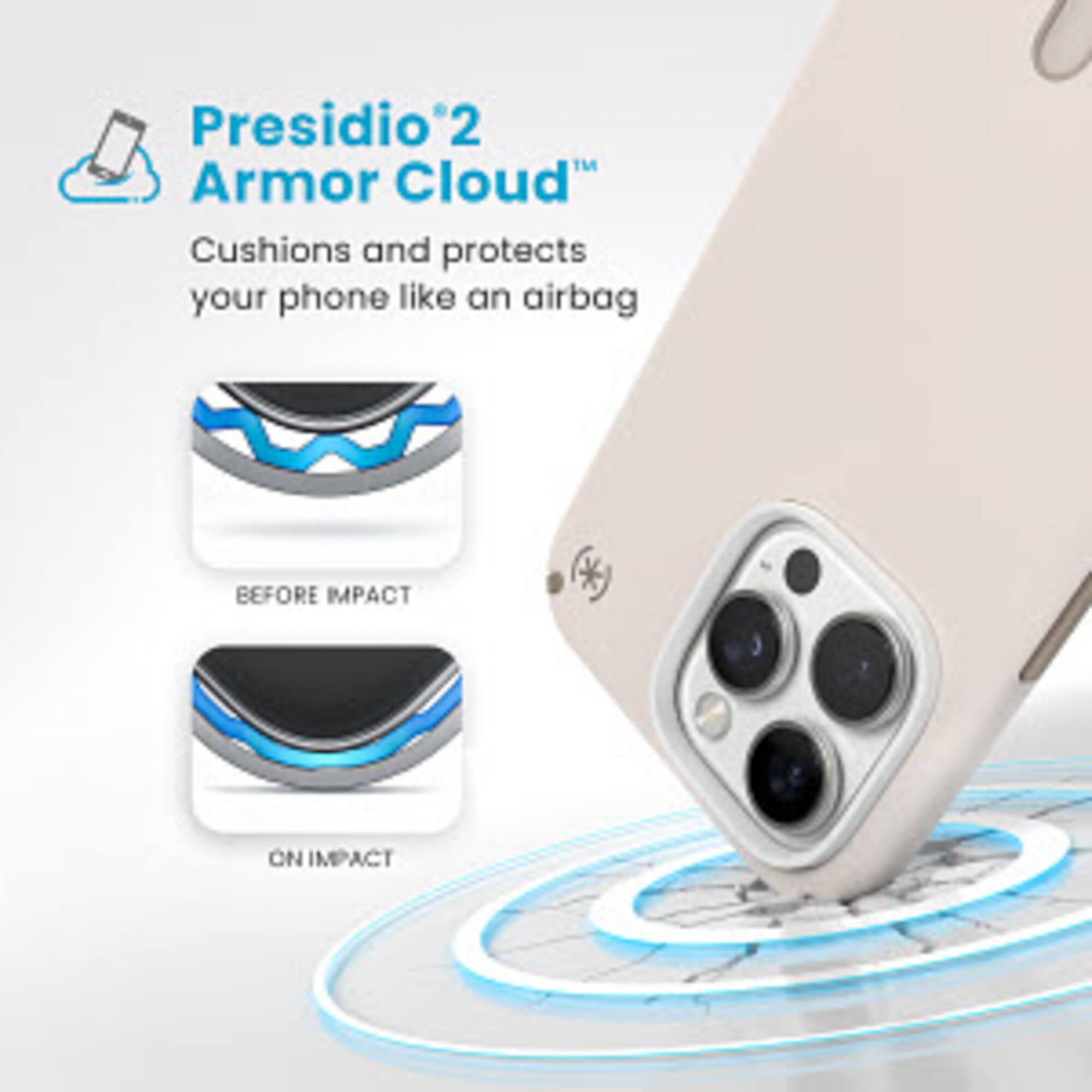 Presidio 2 Armor Cloud Cushions and protects your phone like an airbag. Before impact. On impact.