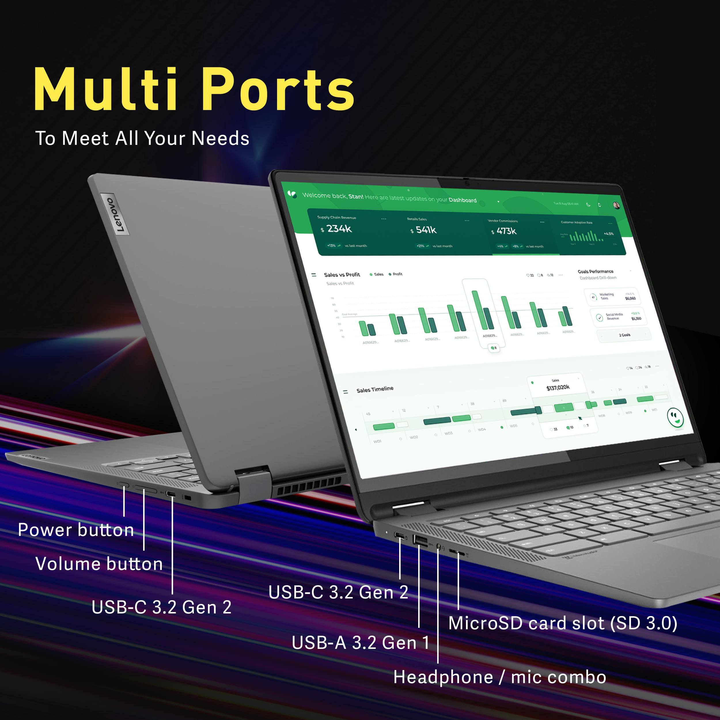 Multi Ports  
To Meet All Your Needs  

Power button  
Volume button  
USB-C 3.2 Gen 2  
USB-C 3.2 Gen 2  
USB-A 3.2 Gen 1  
MicroSD card slot (SD 3.0)  
Headphone / mic combo