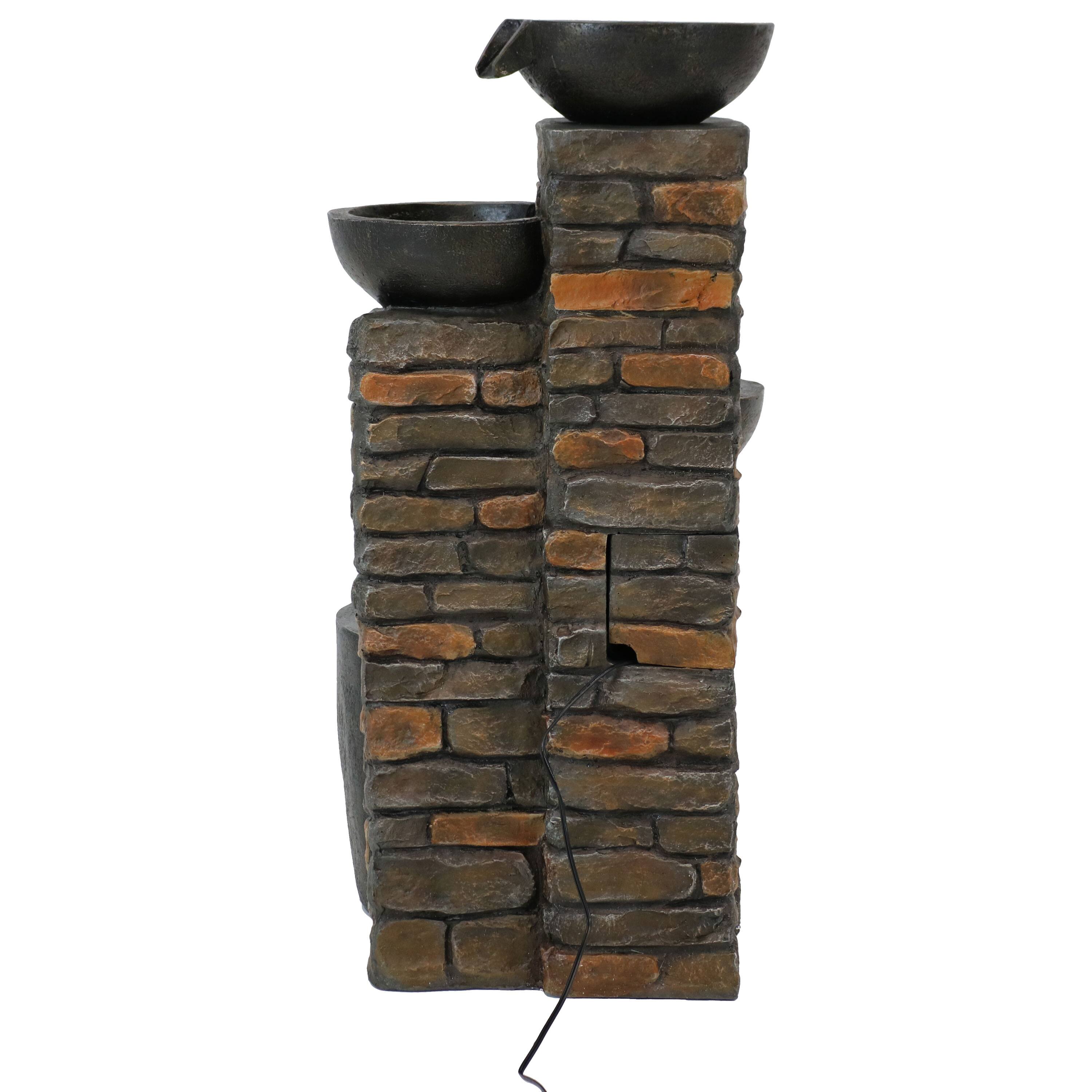 Alt View 8. Sunnydaze - Staggered Bowls Tiered Water Fountain with LED Lights - 34 in - Brown.