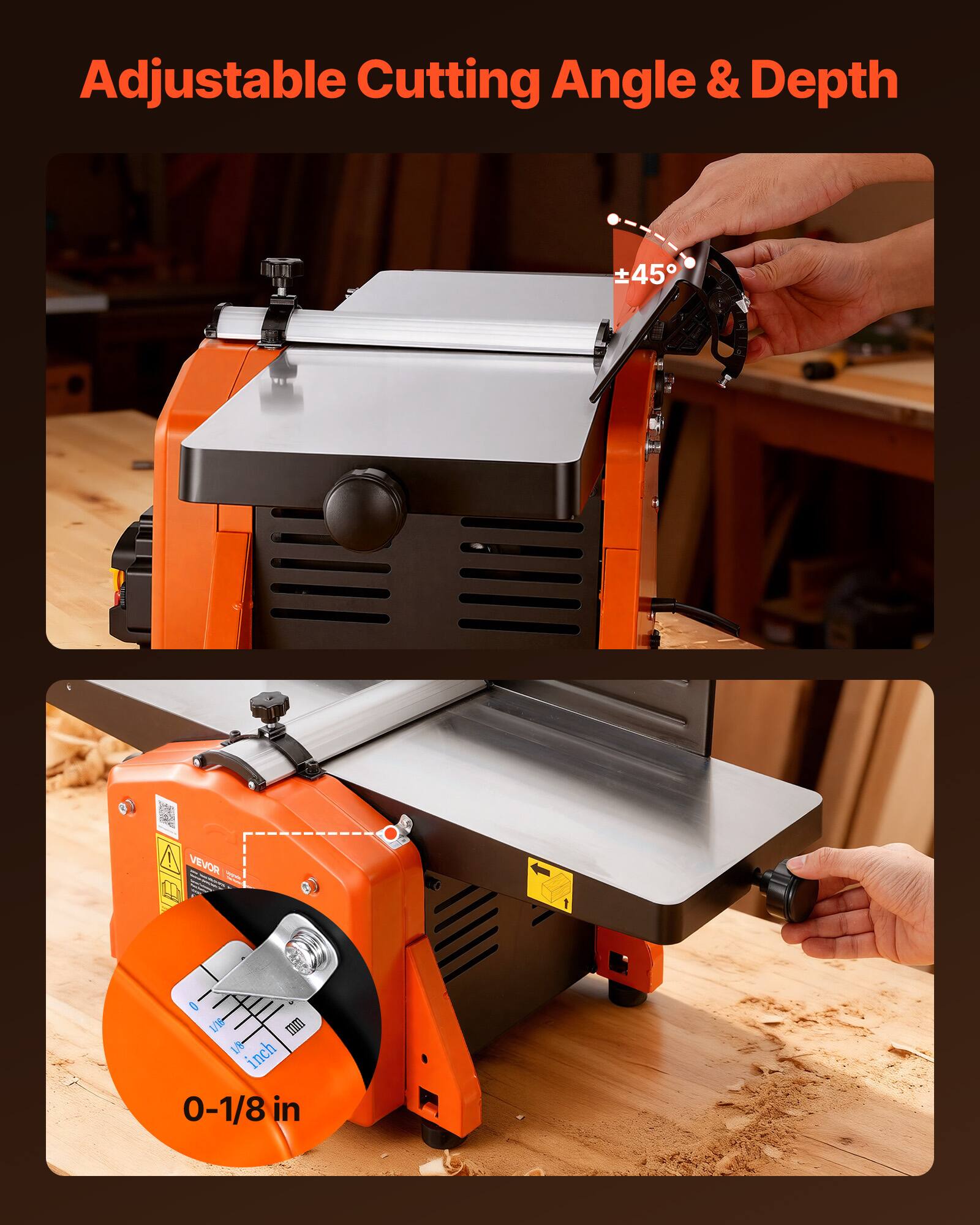 Adjustable Cutting Angle & Depth

45°

1 inch

0-1/8 in